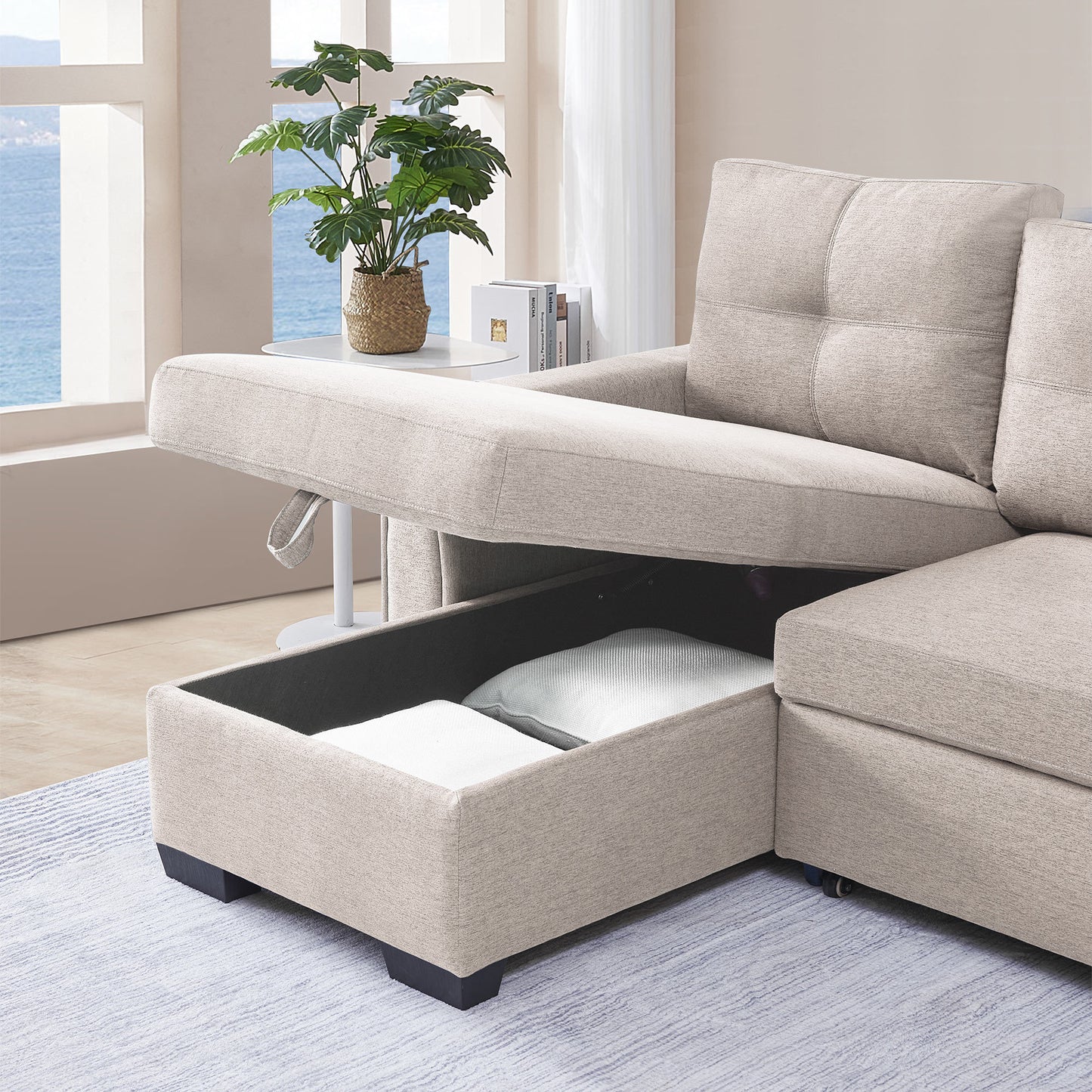 Panora L-Shape Pull-Out Sleeper Sectional Sofa - Beige