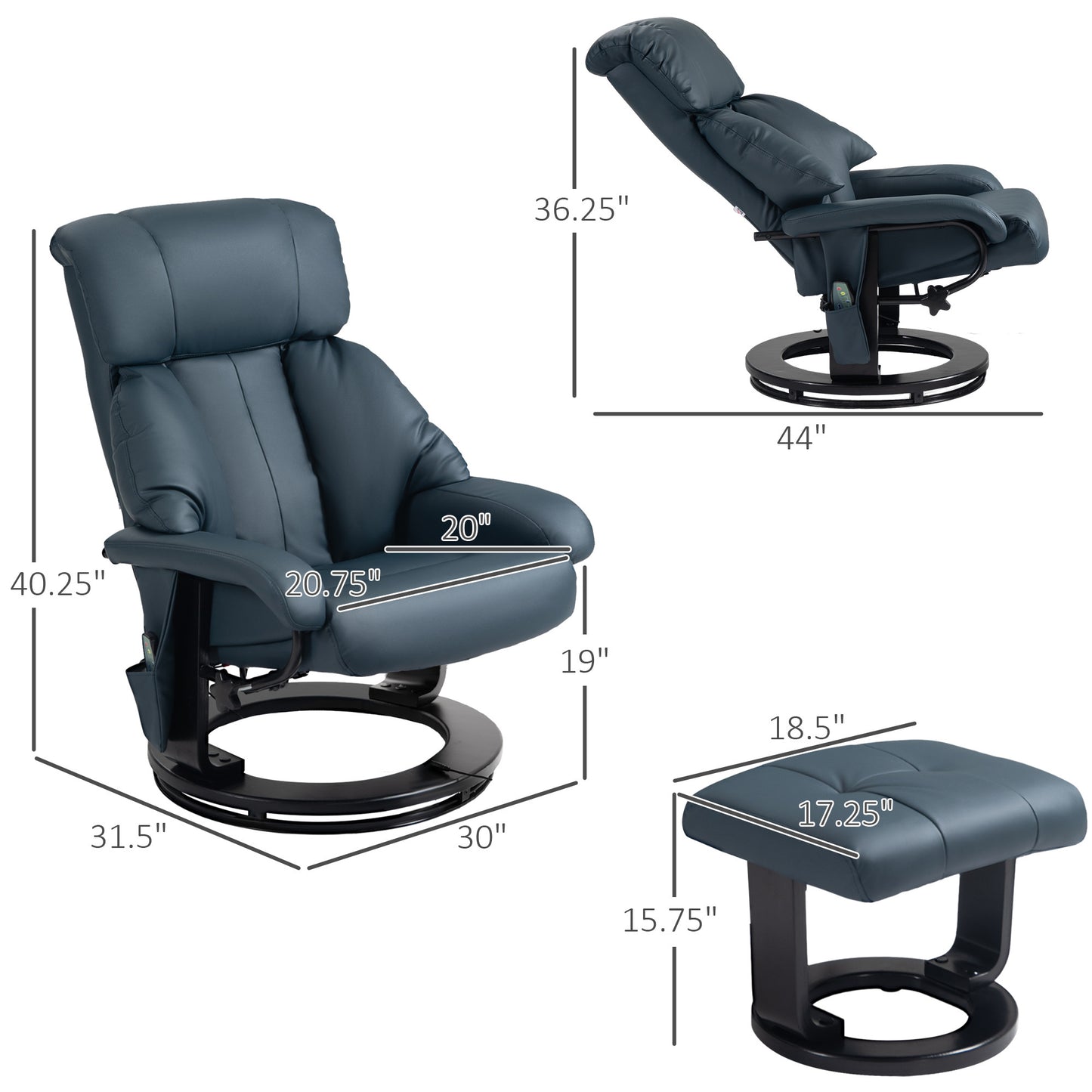 Harvey 360° Swivel Massage Recliner Chair with Ottoman - Blue