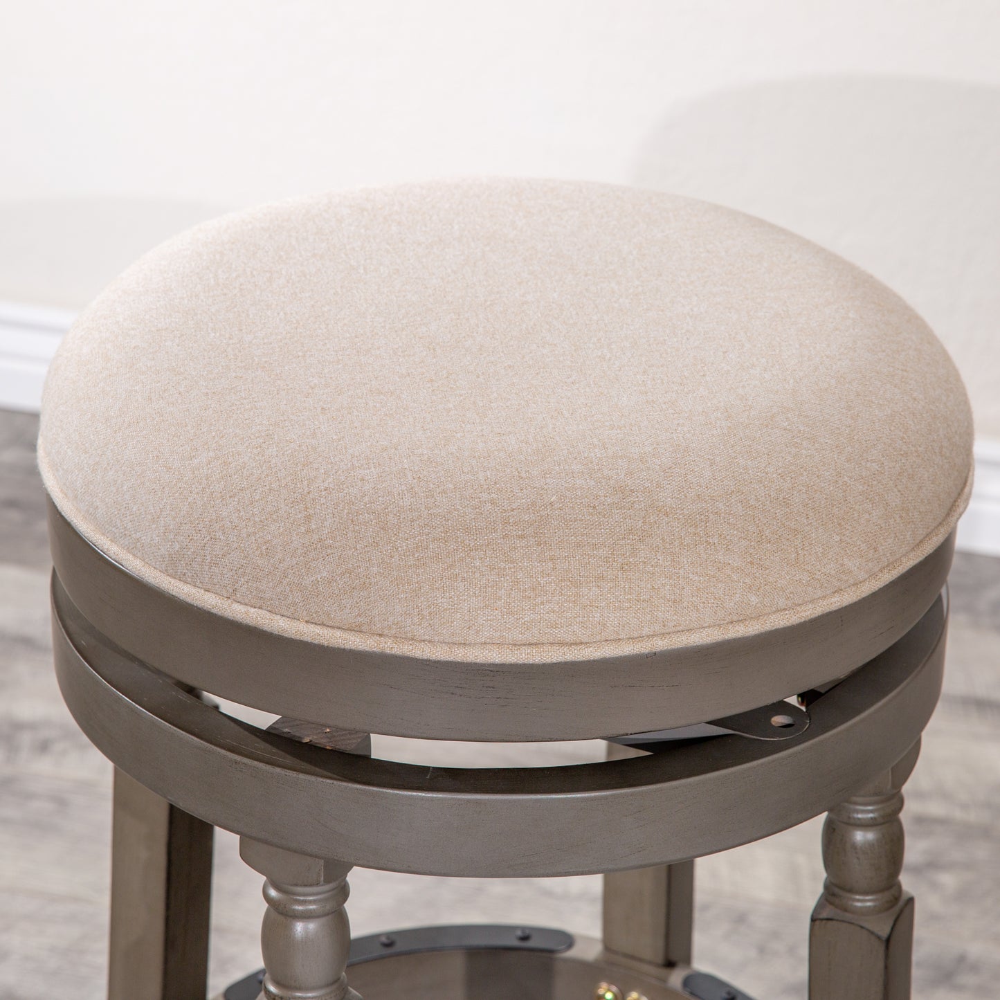 30" Bar Stool, Gray Finish, Beige Fabric Seat