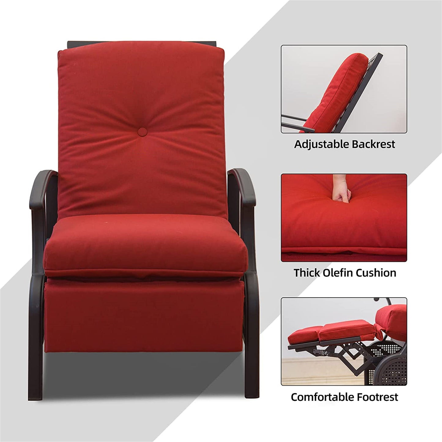 Fio Patio Metal Frame Recliner Chair with Cushions - Red
