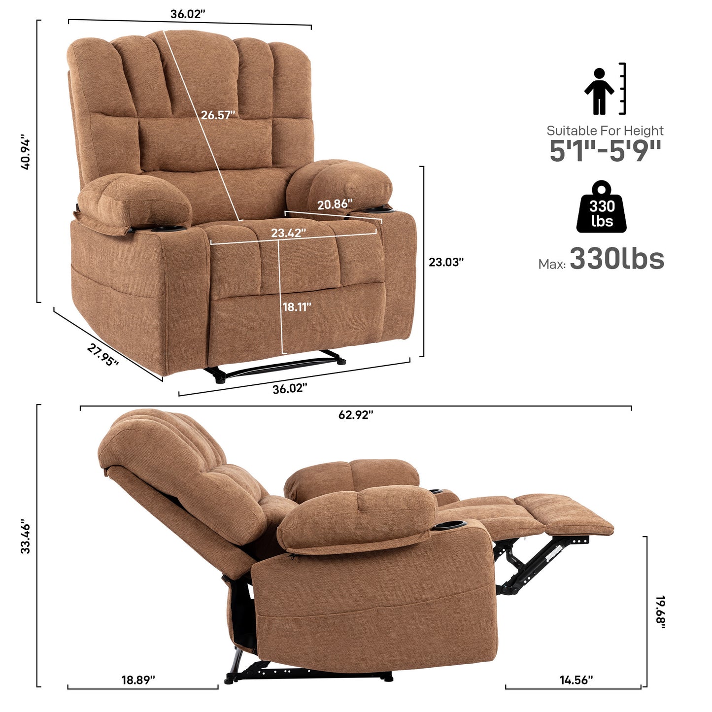 Perkins Power Recliner with Heat and Massage - Brown