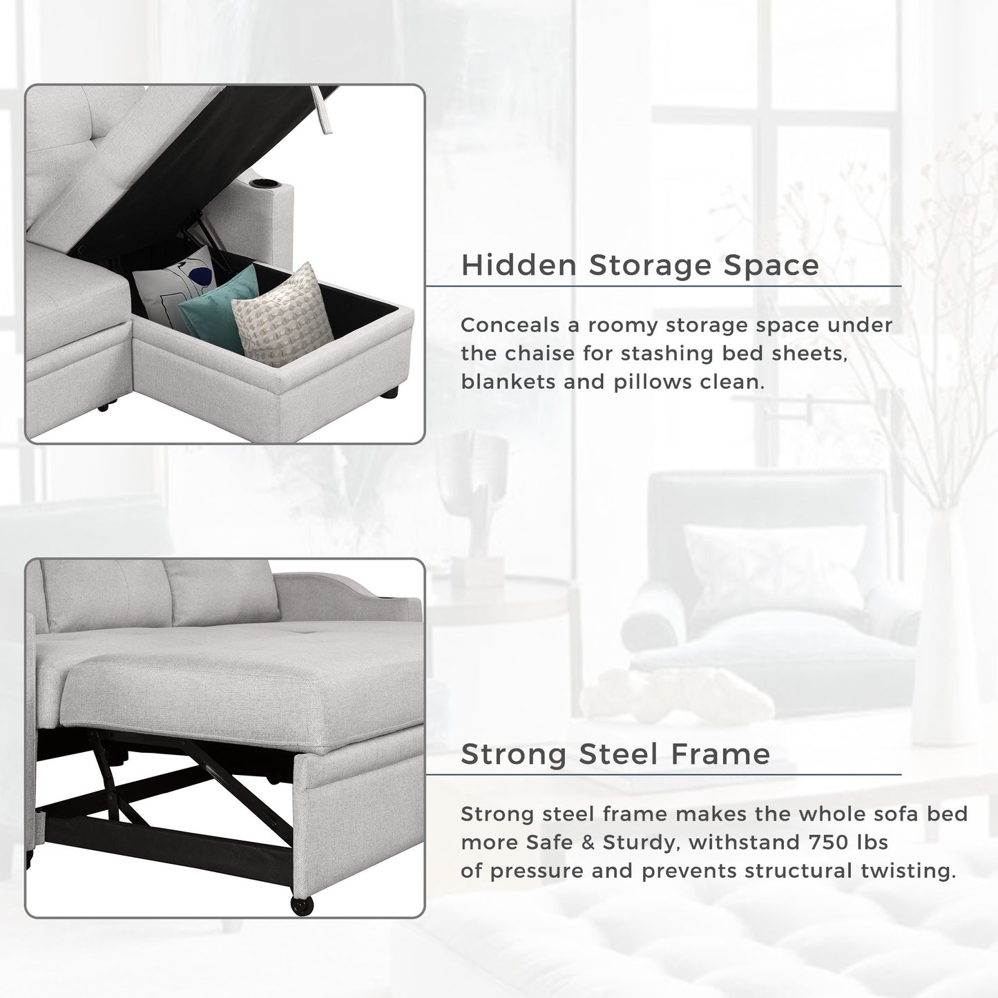 Oris Padded Pull Out Sofa Bed - Gray