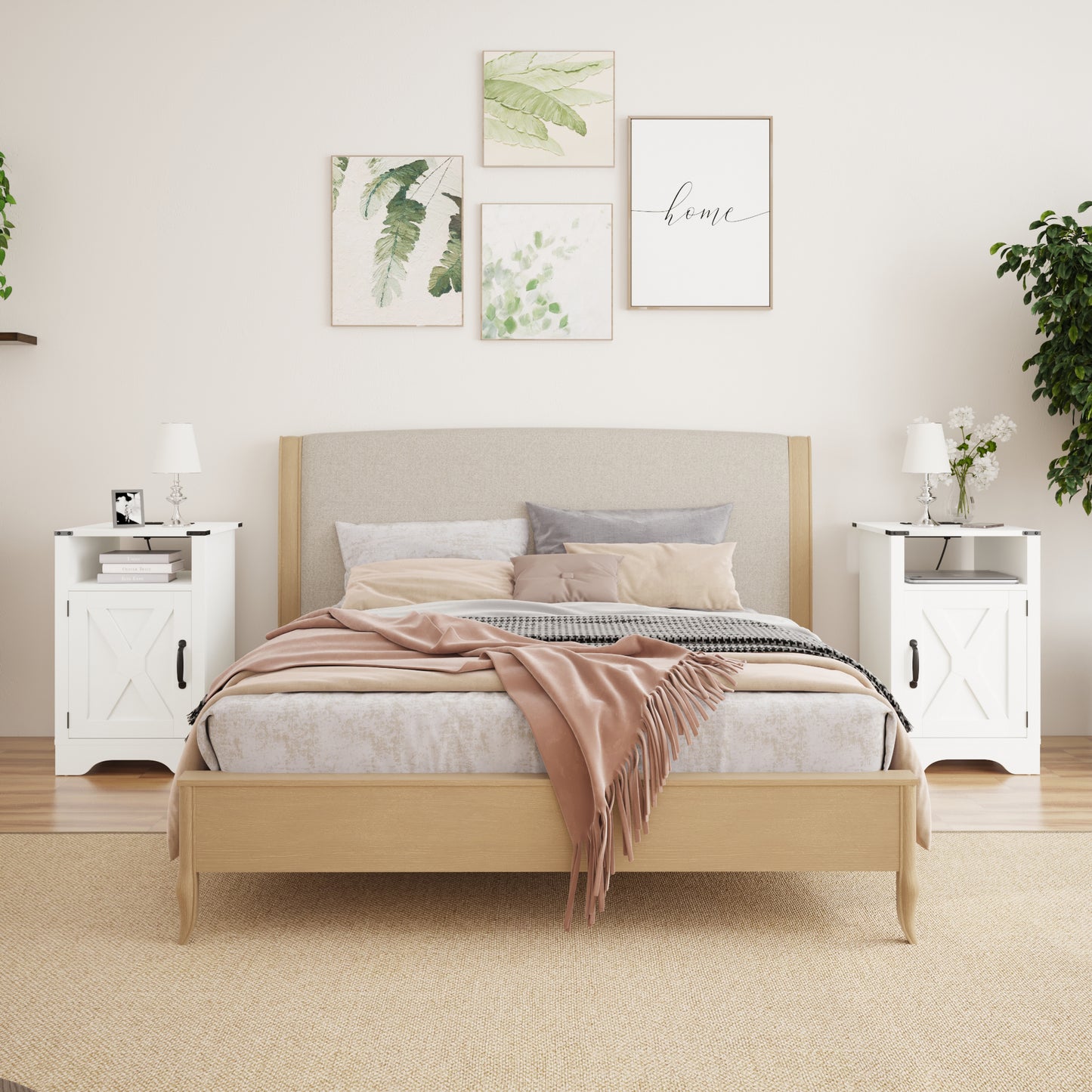 X Wooden Nightstand with Electrical Outlets Charging Station (2 Sets) - White