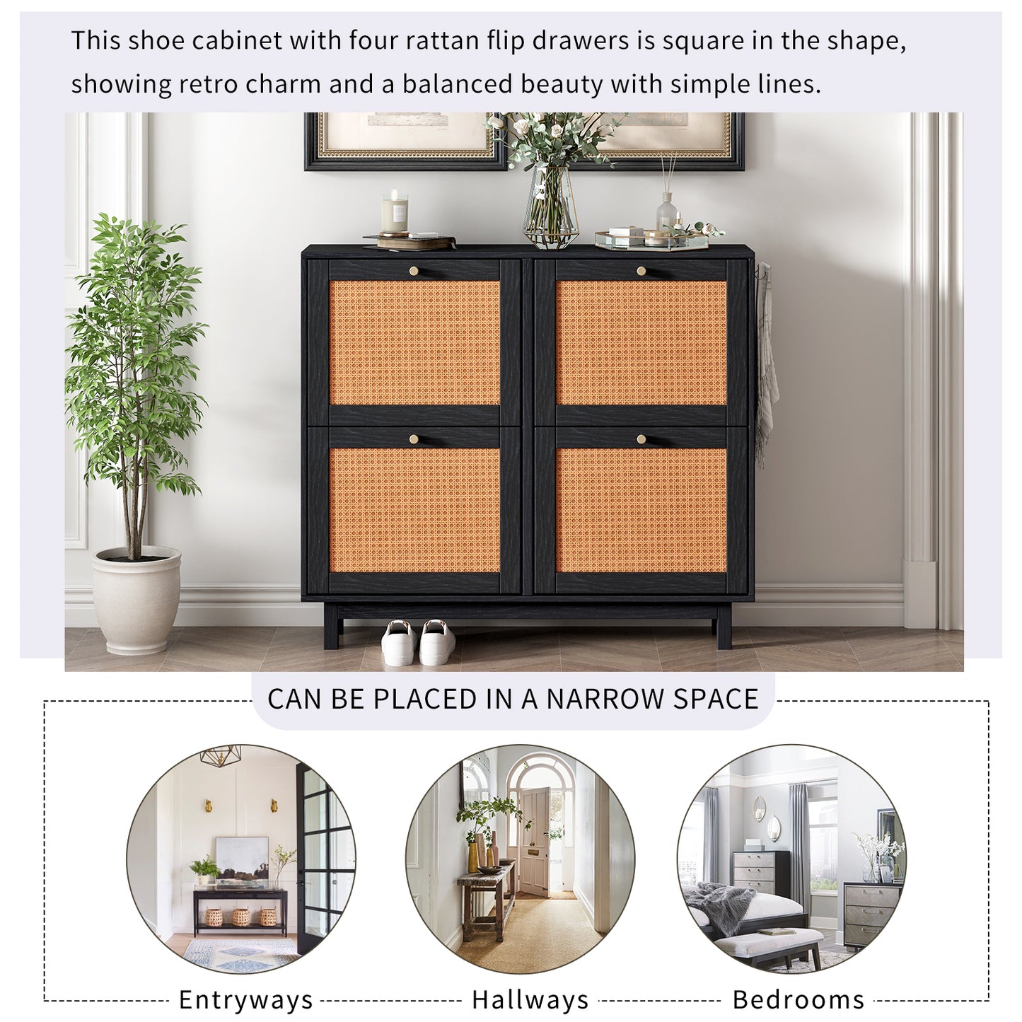 Rattan Boho Style Shoe Cabinet - Black