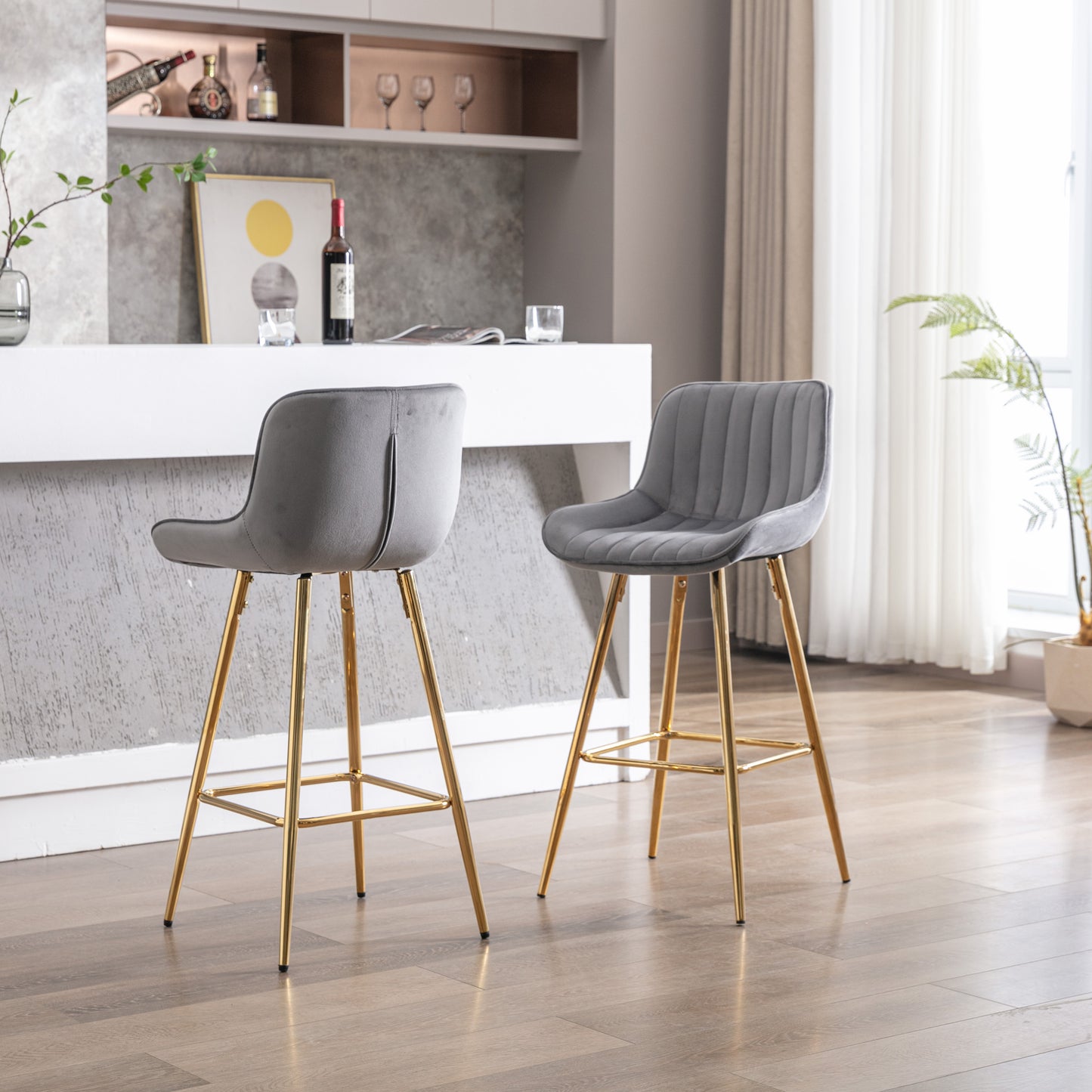 26 Inch Vista Bar Stools with Chrome Footrest Velvet Fabric Golden Leg - Gray Set of 2