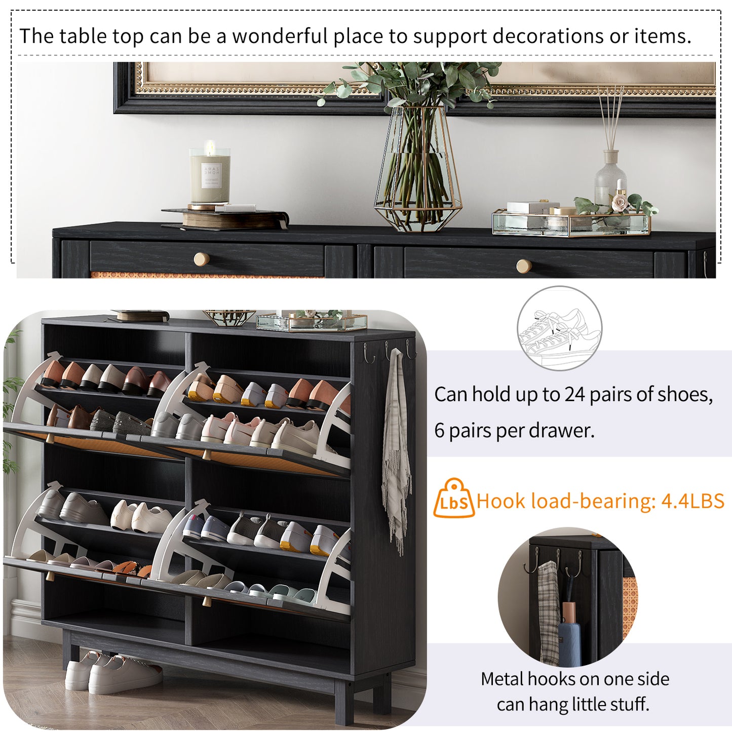 Rattan Boho Style Shoe Cabinet - Black