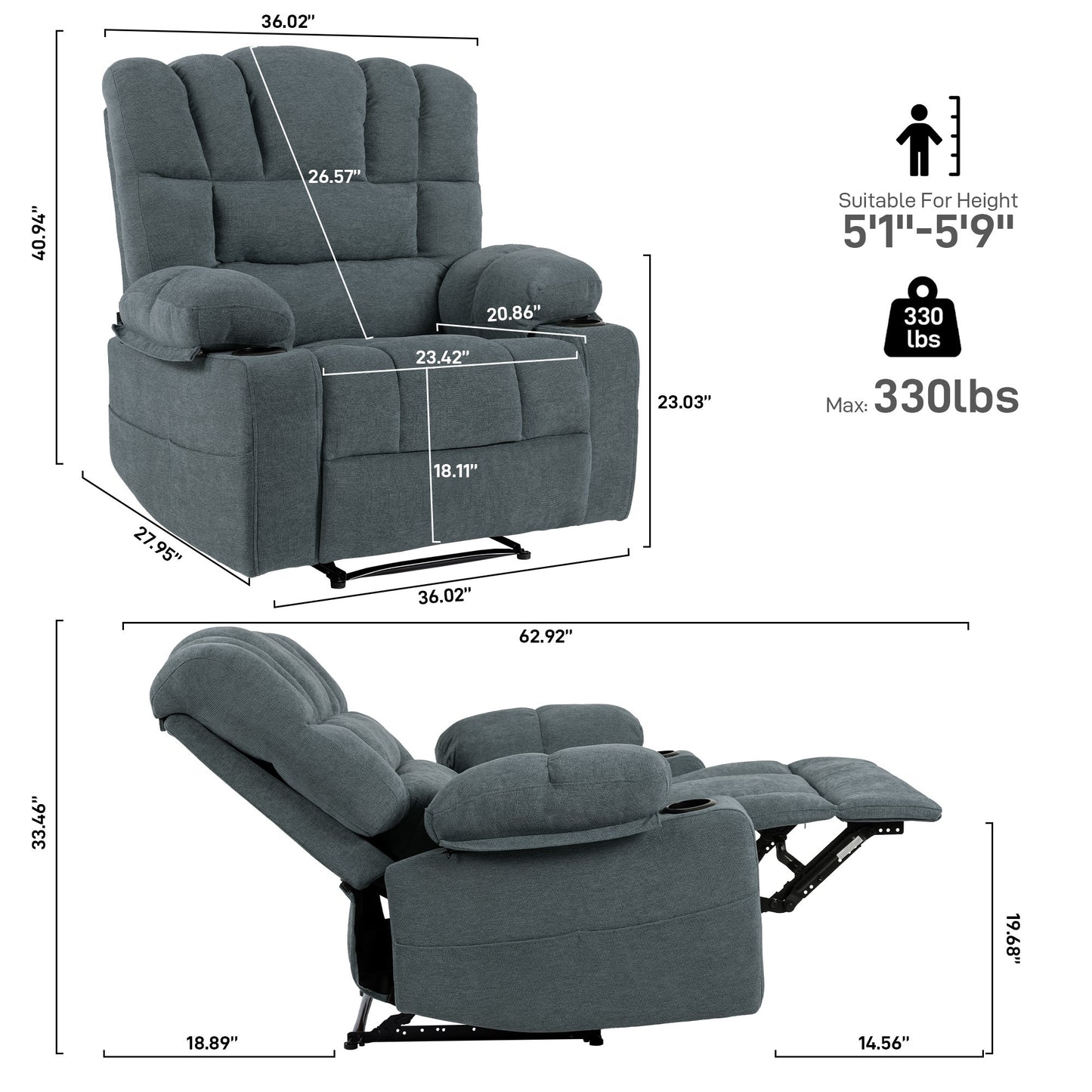 Perkins Power Recliner with Heat and Massage - Gray