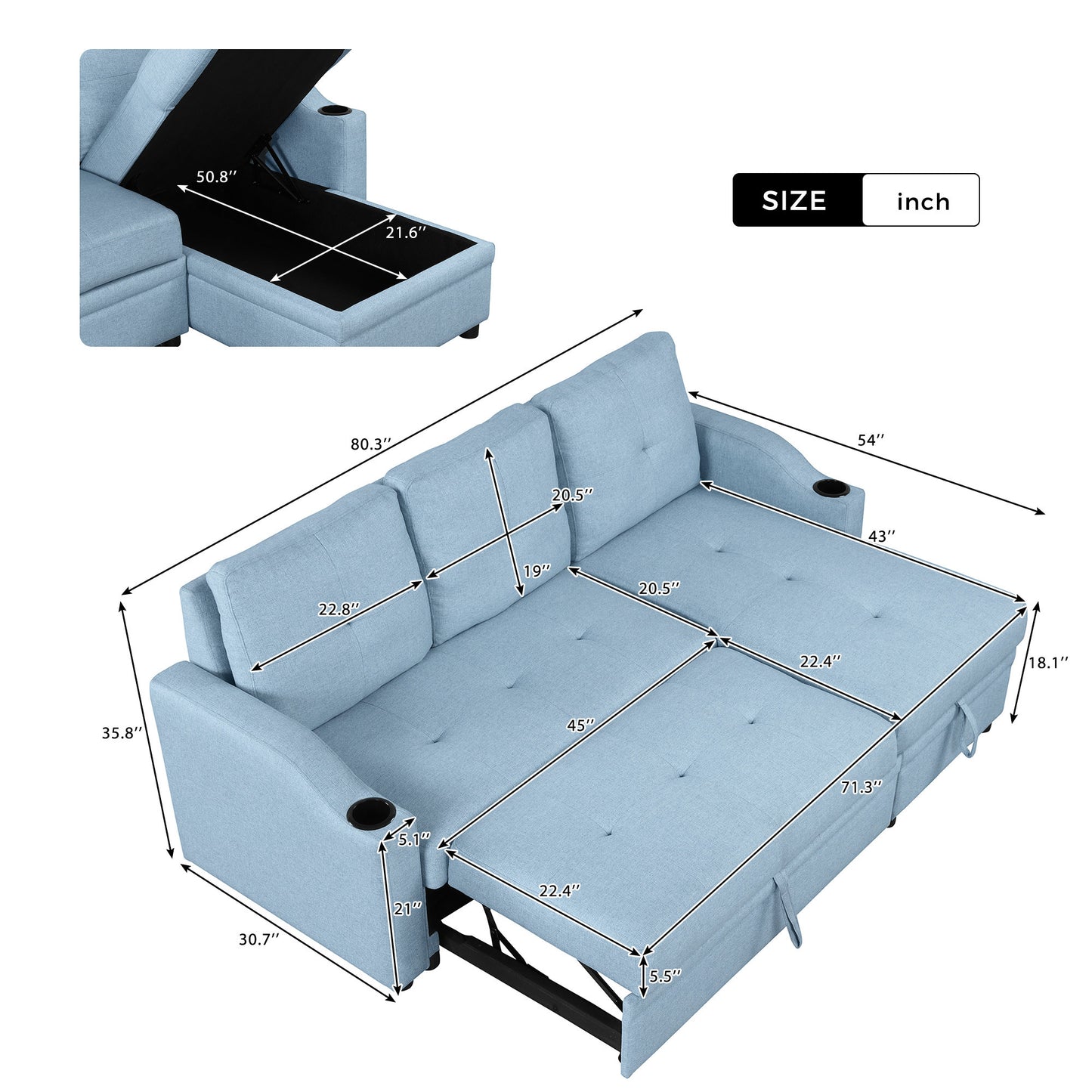 Oris Padded Pull Out Sofa Bed - Blue