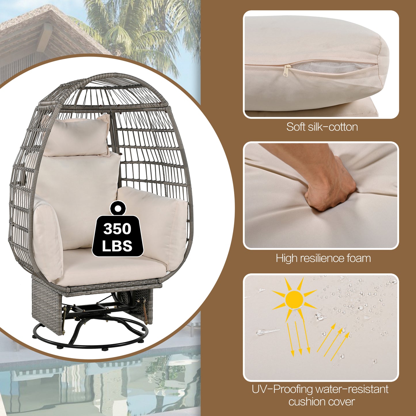 Bell Outdoor Swivel Chair with Cushion (Gray Wicker + Beige Cushion)