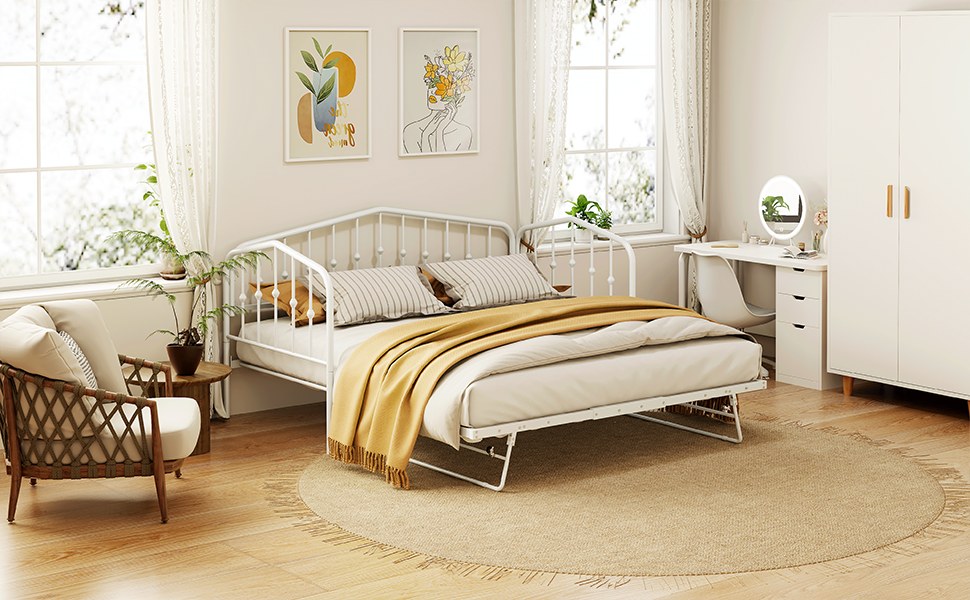 Zee Twin Size Metal Daybed with Twin Size Adjustable Trundle - White