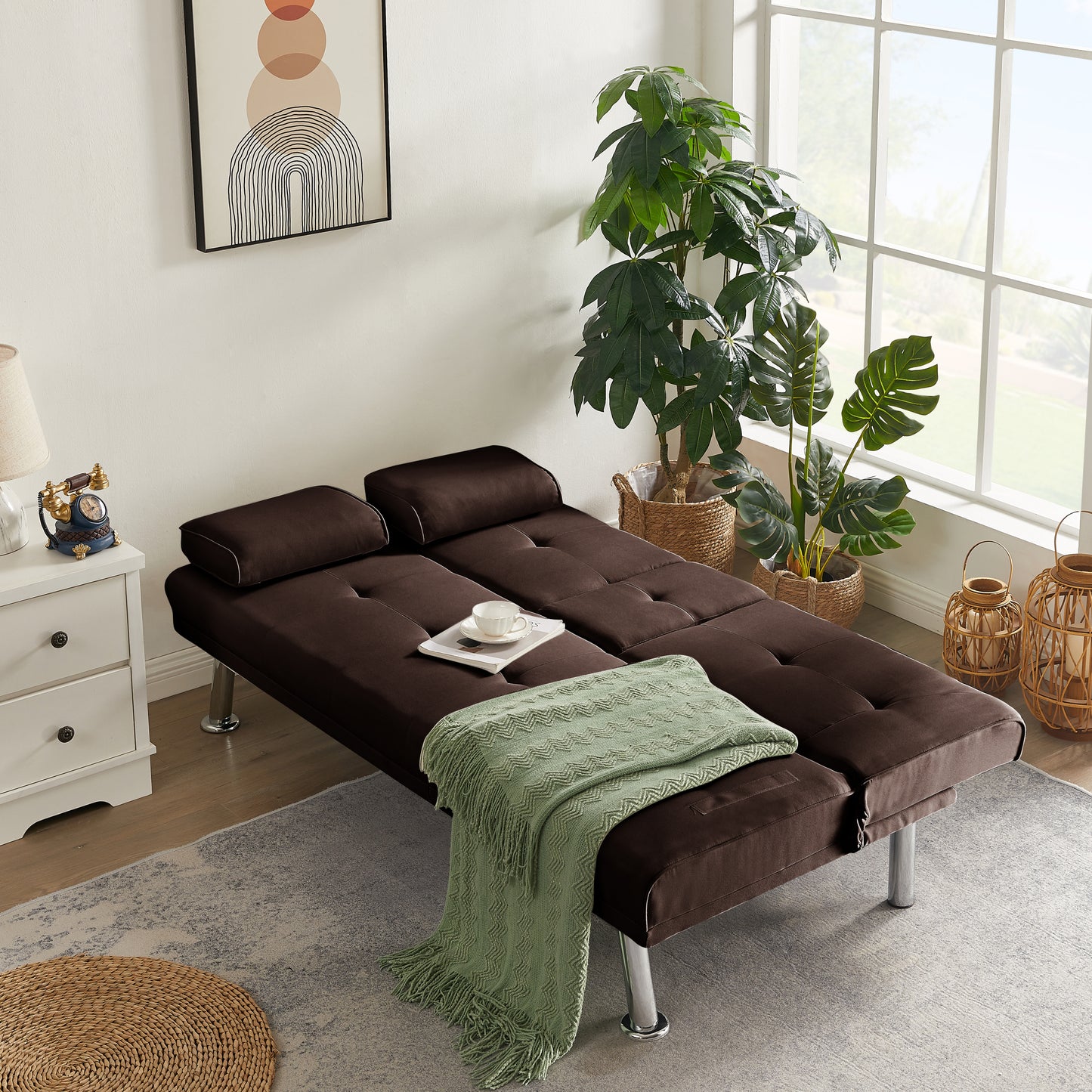 Yukon Fabric Futon Sofa Bed with Metal Legs - Brown