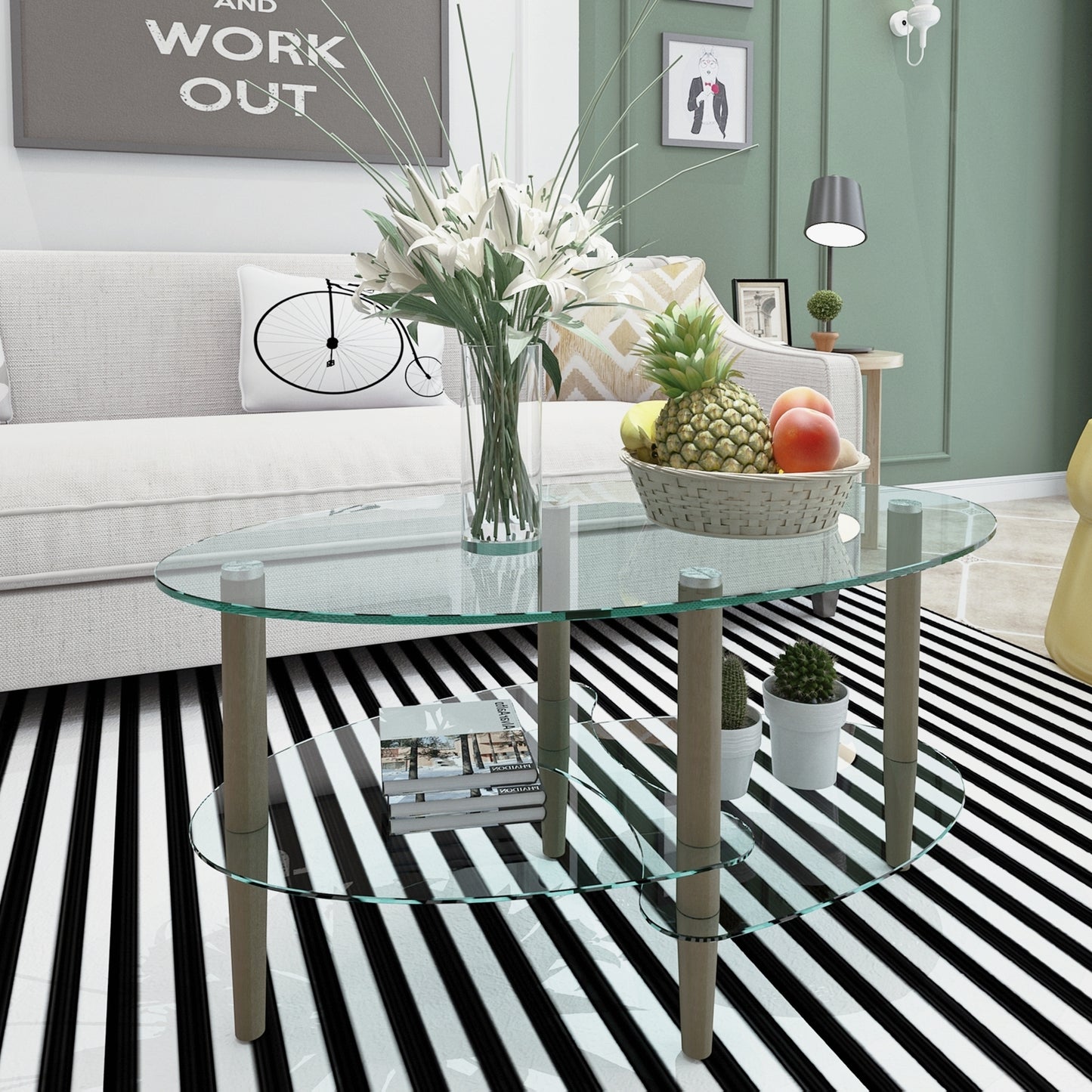 Float Oval Glass Coffee Table Oak Wood Leg