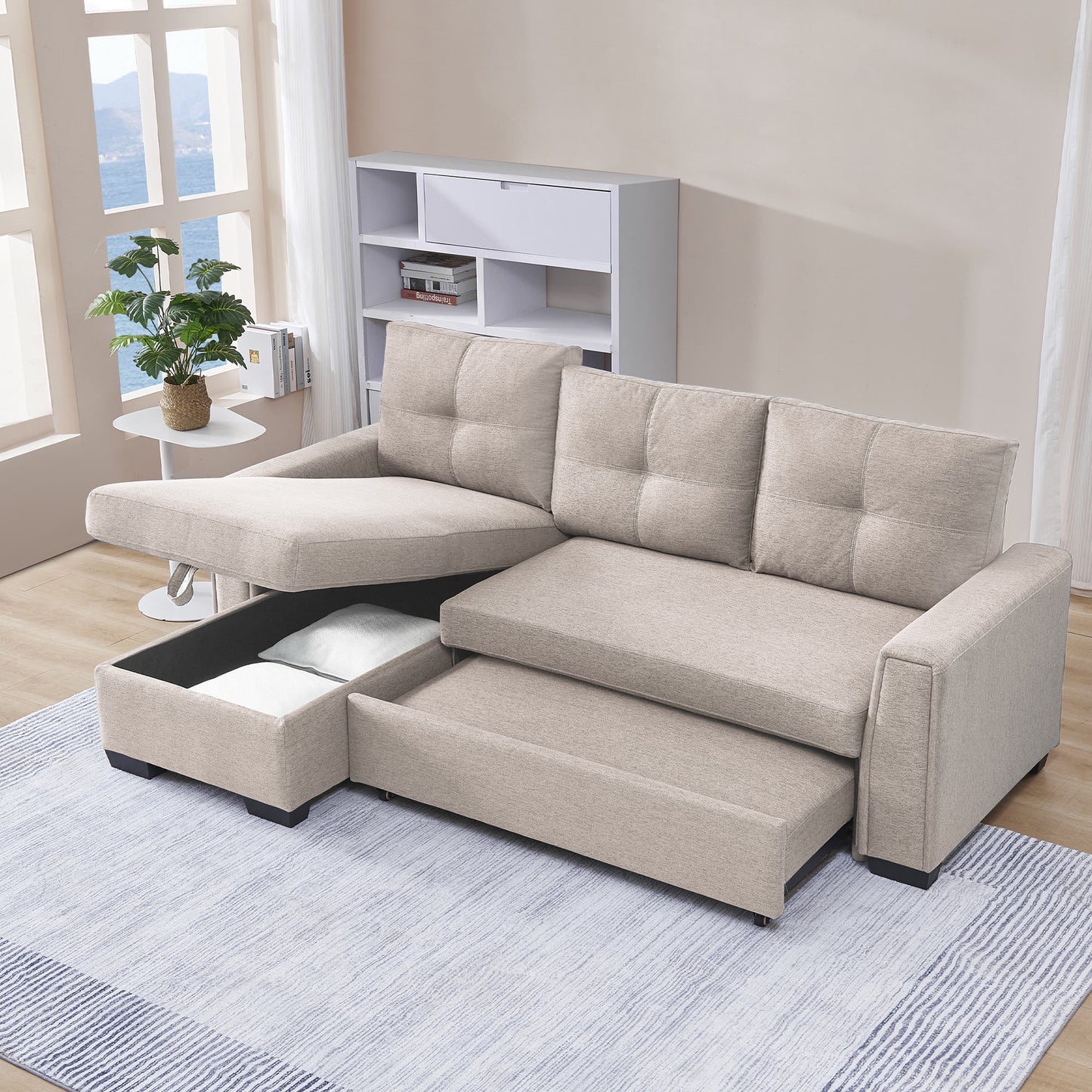 Panora L-Shape Pull-Out Sleeper Sectional Sofa - Beige