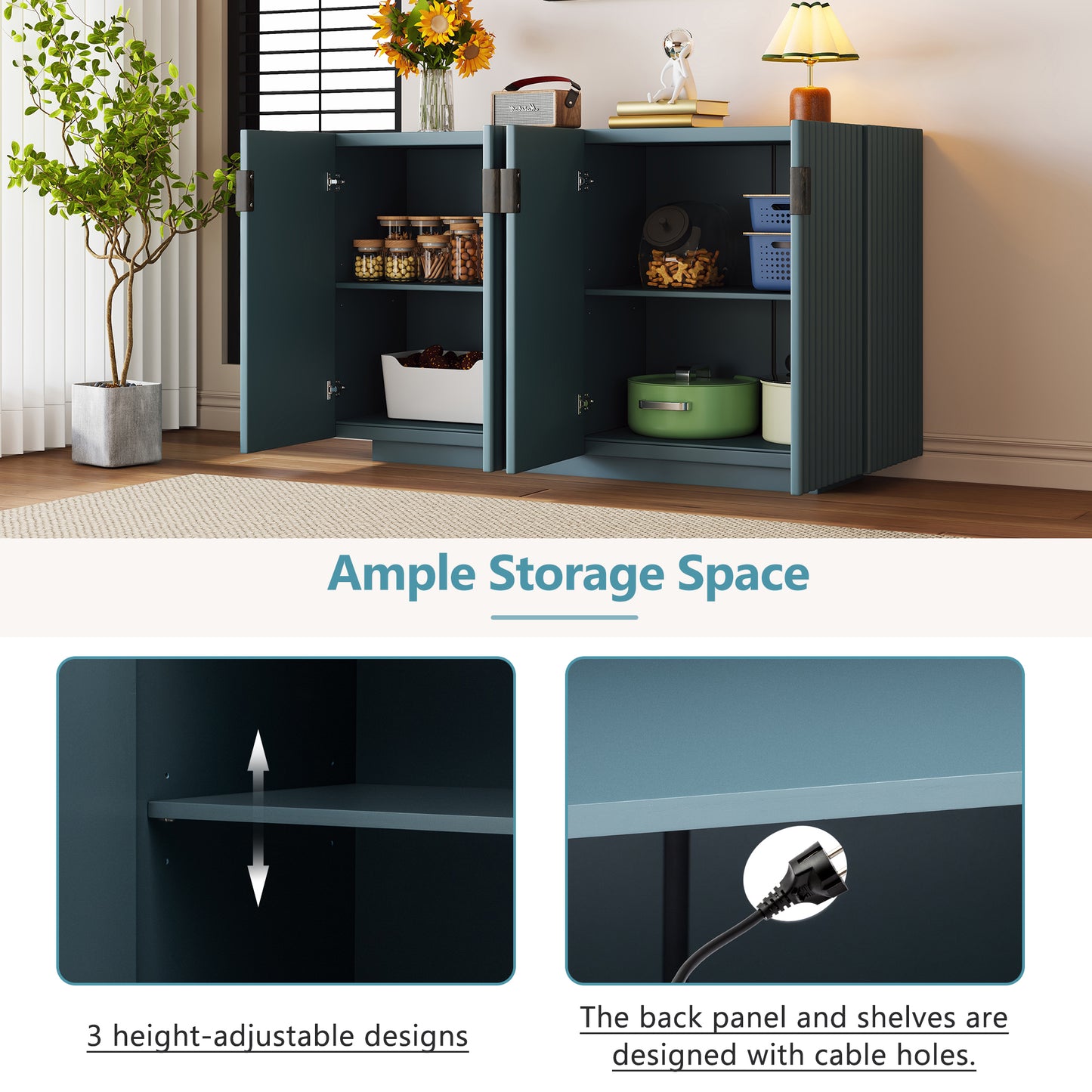 Lyons 4 Wavy Doors Ample Storage Space Sideboar - Teal