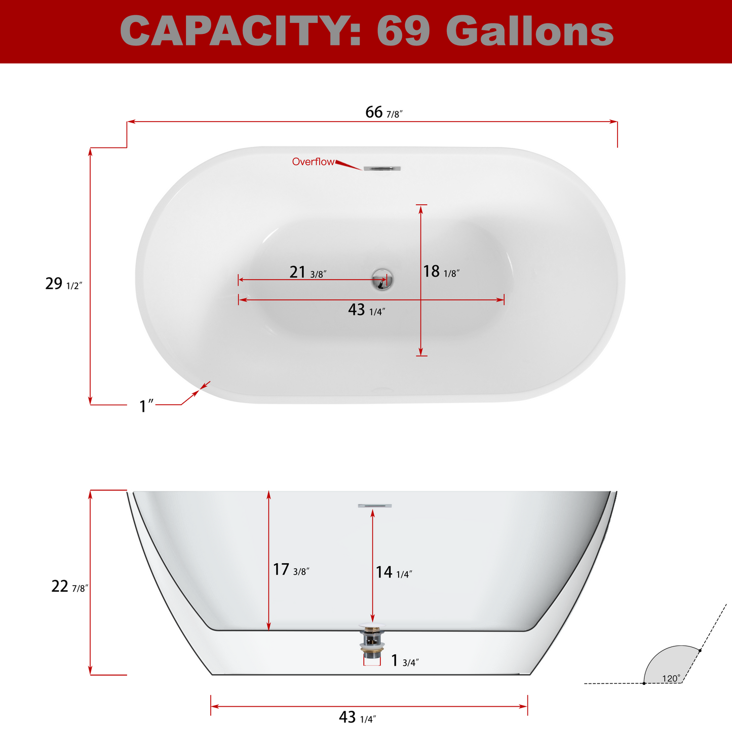 Sleek 67" Acrylic Freestanding Soaking Bathtub - Black