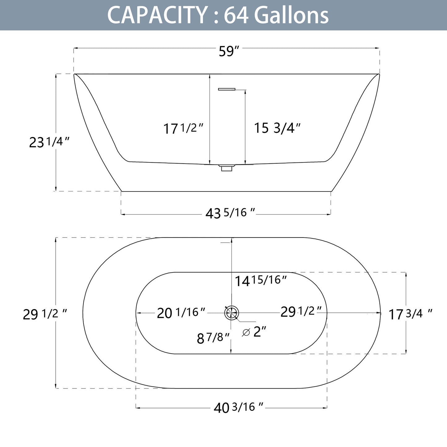 Nuvo 59" Acrylic Free Standing Oval Shape Soaking Tub - Matte Black+White