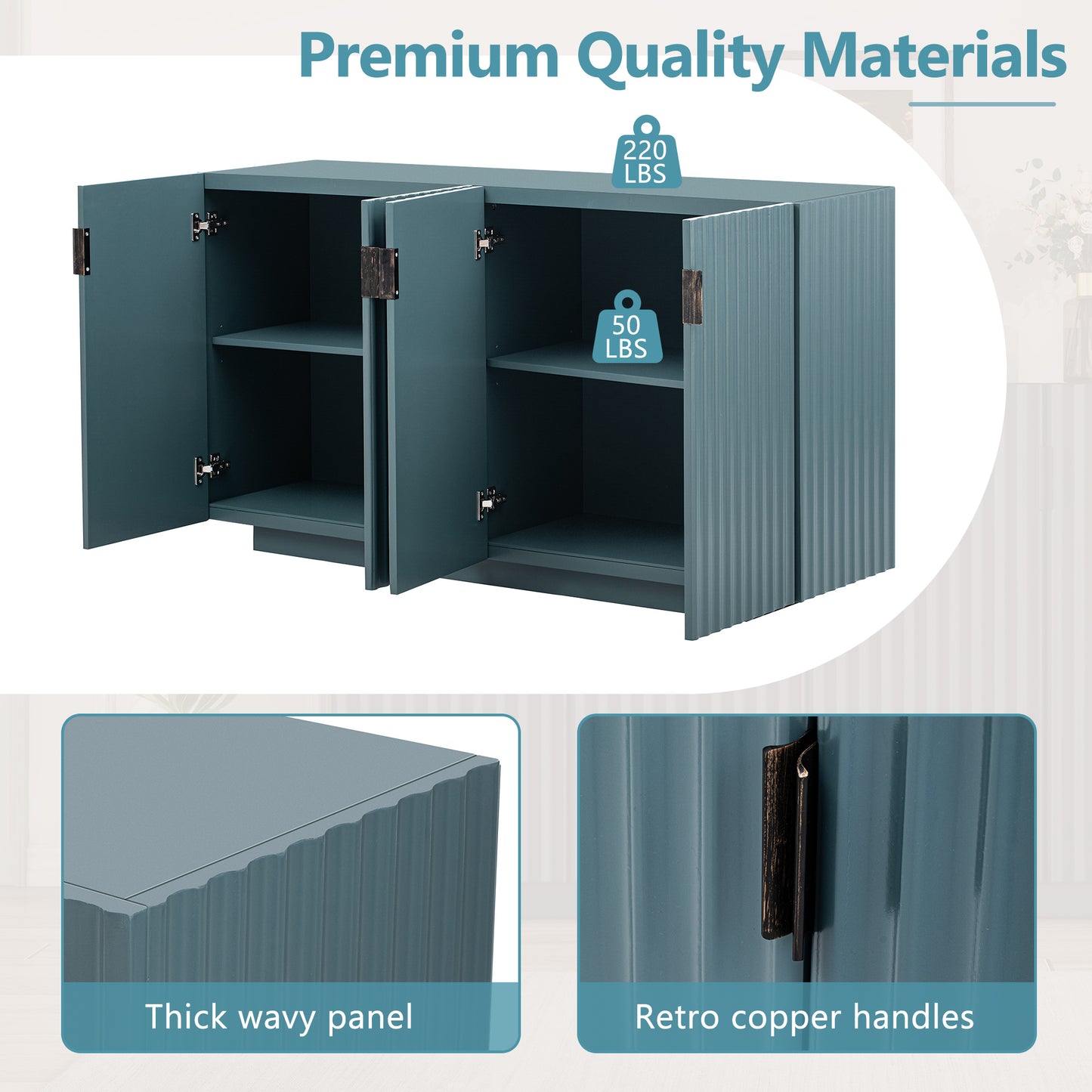 Lyons 4 Wavy Doors Ample Storage Space Sideboar - Teal