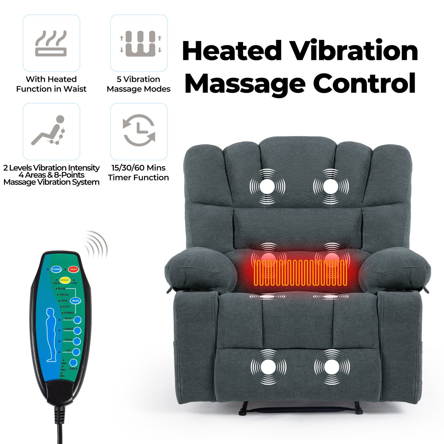 Perkins Power Recliner with Heat and Massage - Gray