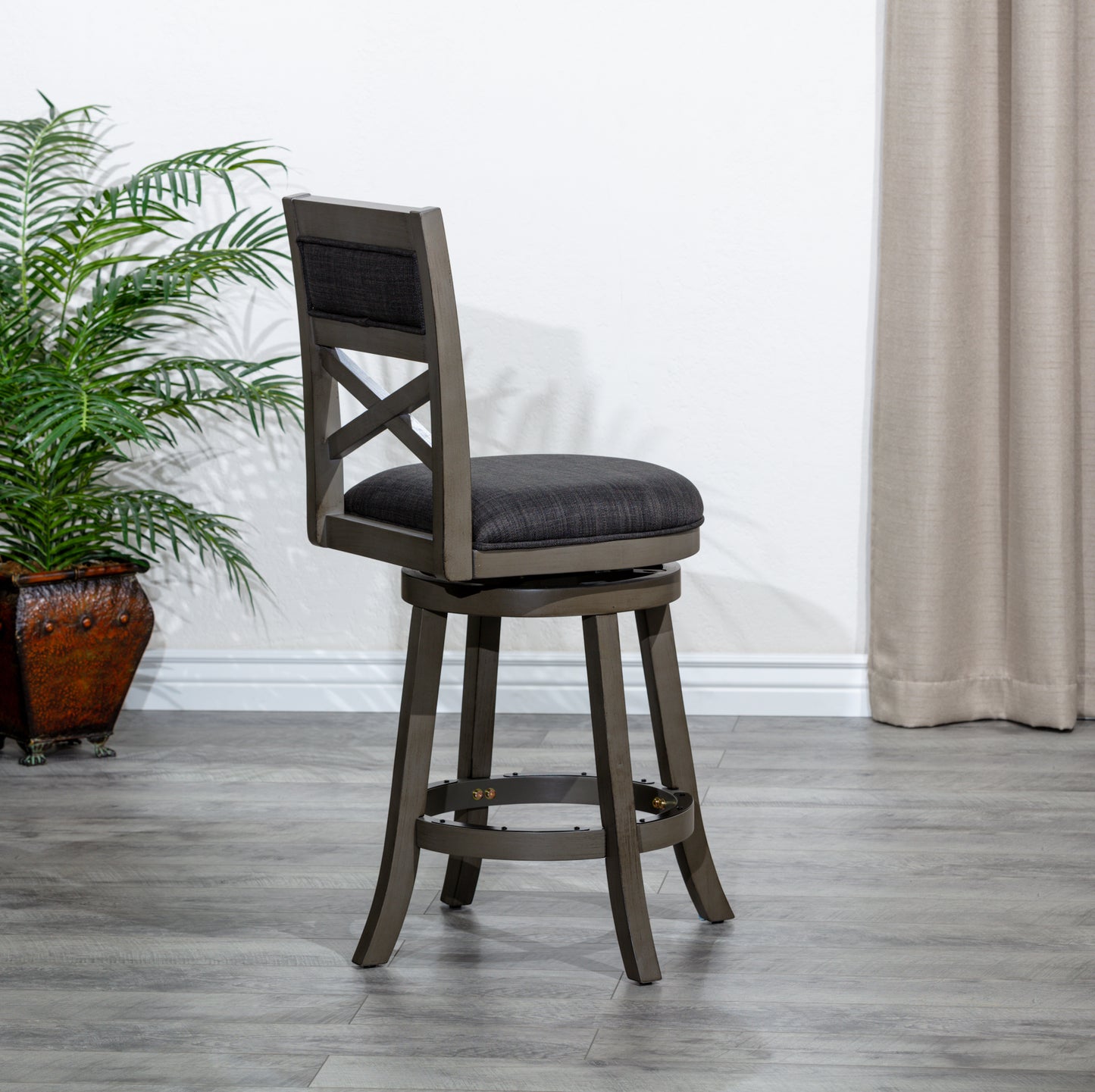 X-Back Swivel Stool, Weathered Gray Finish Grey, Charcoal Fabric Seat