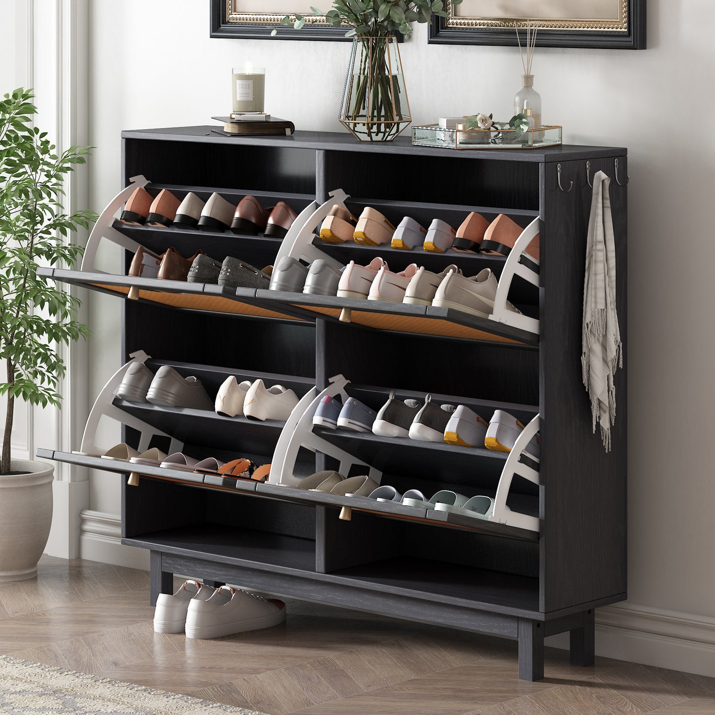 Rattan Boho Style Shoe Cabinet - Black
