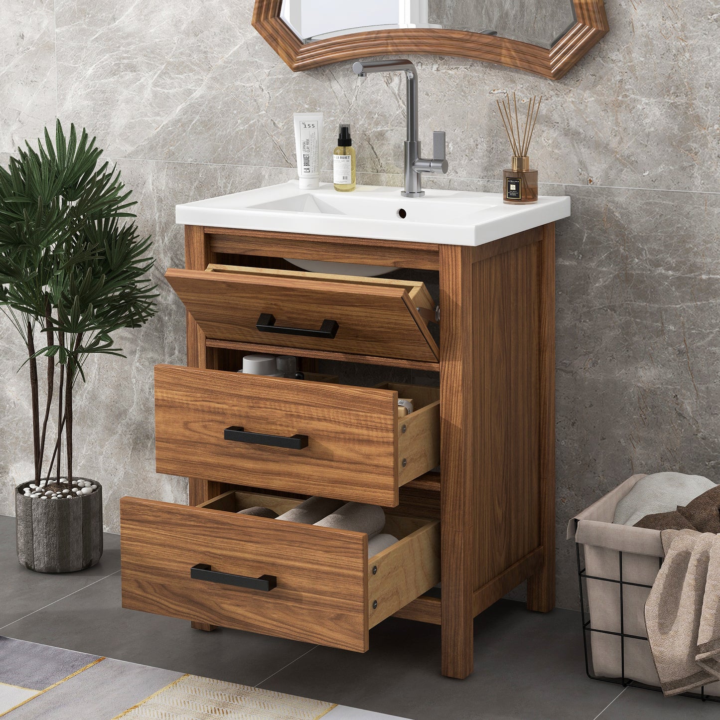 Freestanding Bathroom Vanity Cabinet with Ceramic Basin Sink