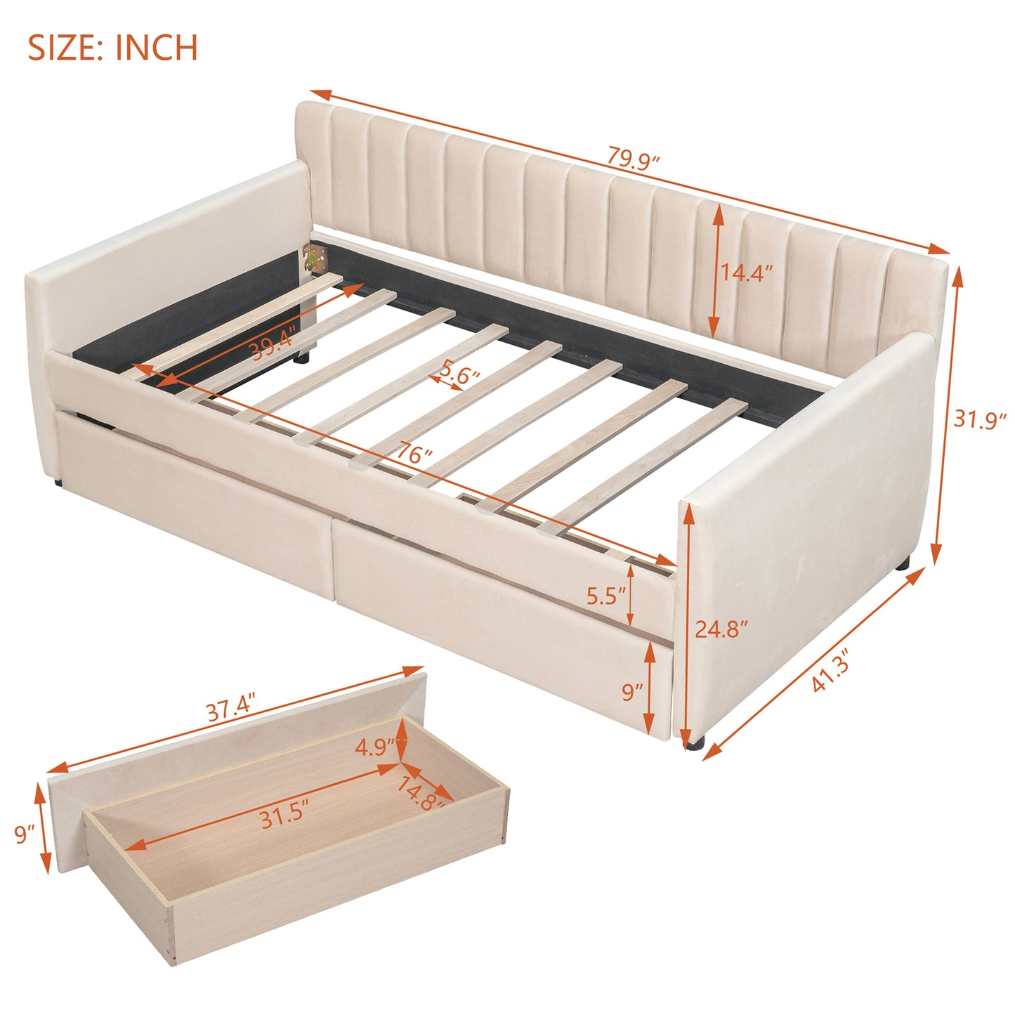 Xena Twin Size Upholstered Daybed with Drawers - Beige