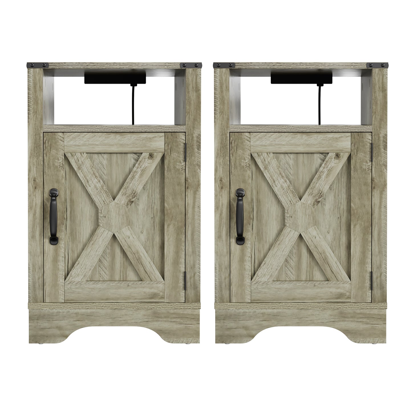 X Wooden Nightstand with Electrical Outlets Charging Station (2 Sets) - Light Gray