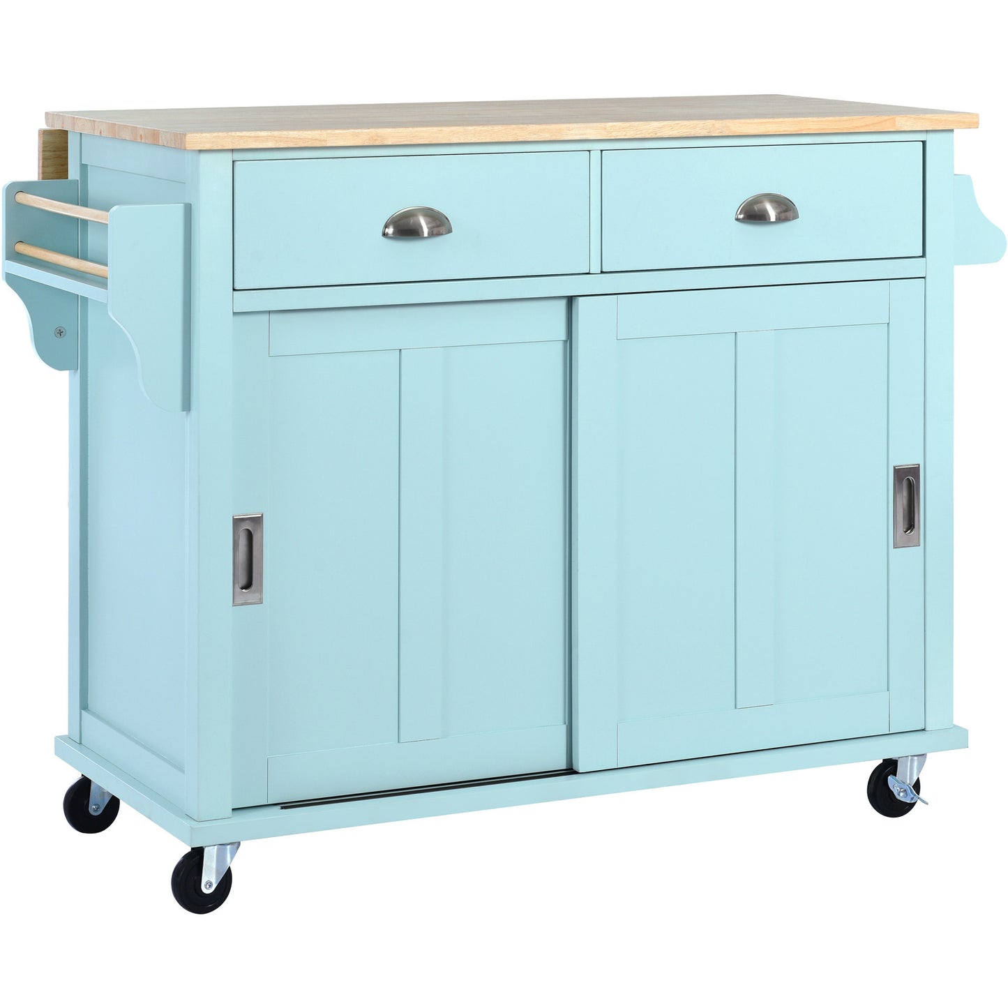 Culinary Kitchen Cart with Countertop With Barn Door - Mint Green
