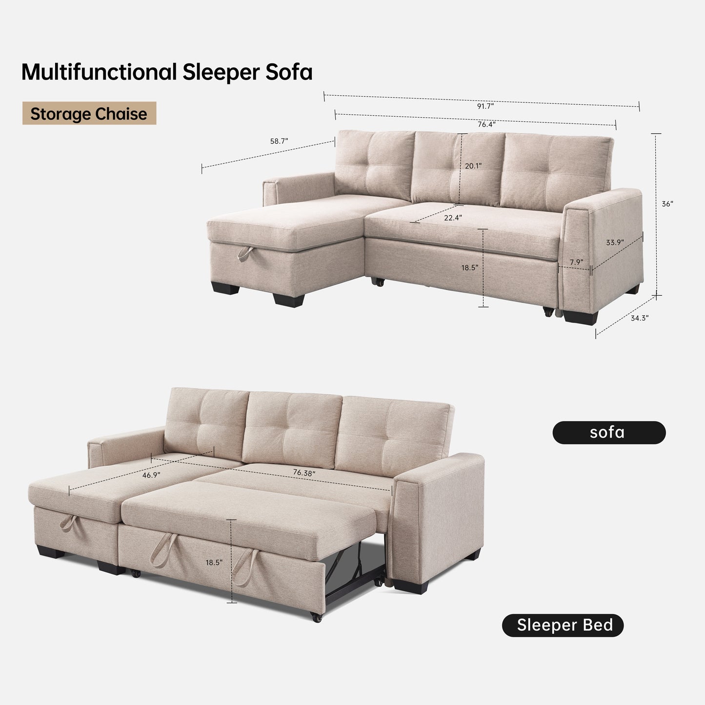 Panora L-Shape Pull-Out Sleeper Sectional Sofa - Beige