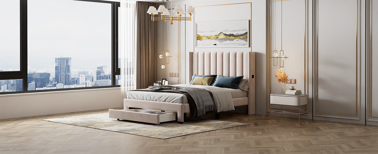 Shona Queen Size Velvet Platform Bed Frame - Beige