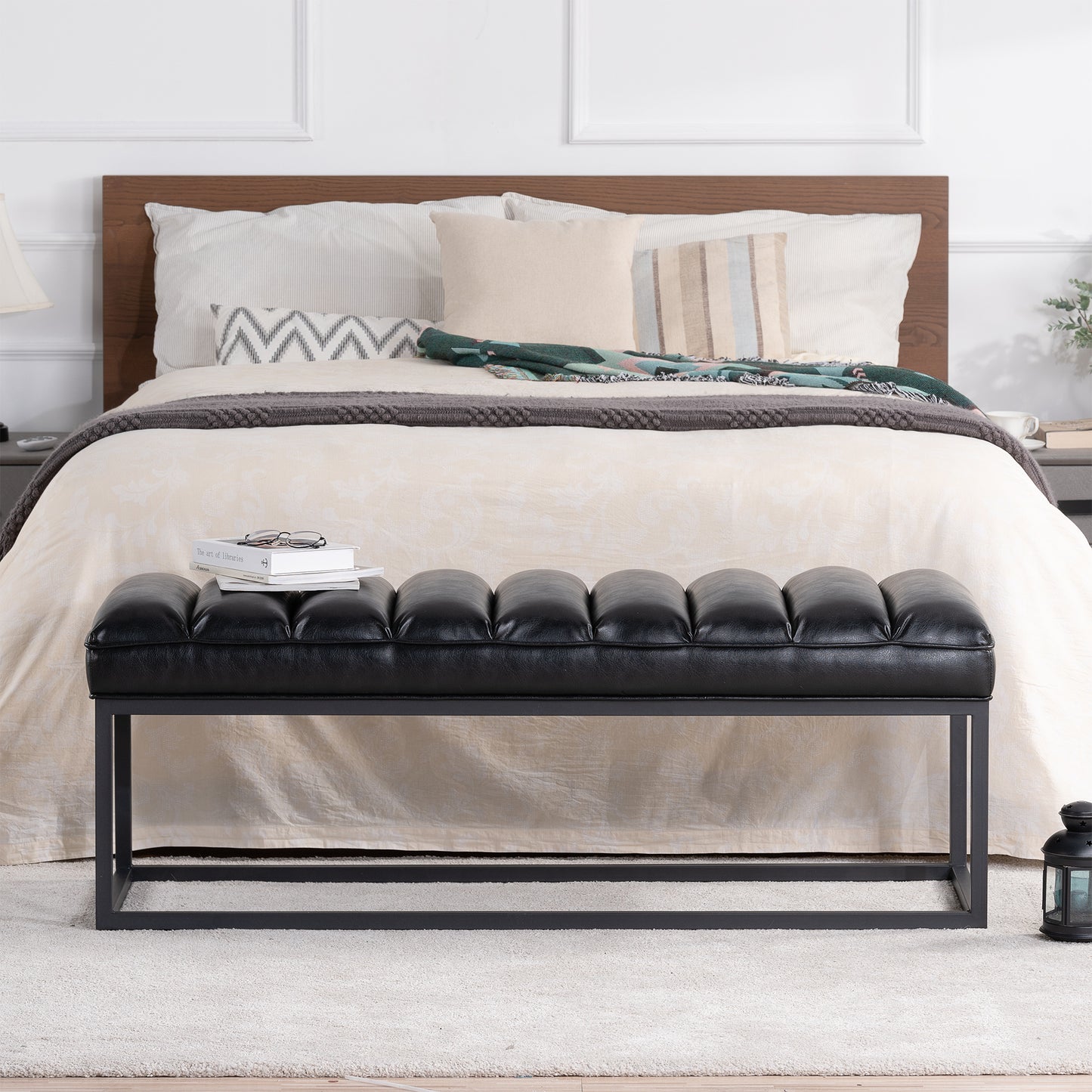 Metal Base Upholstered Bench - Black