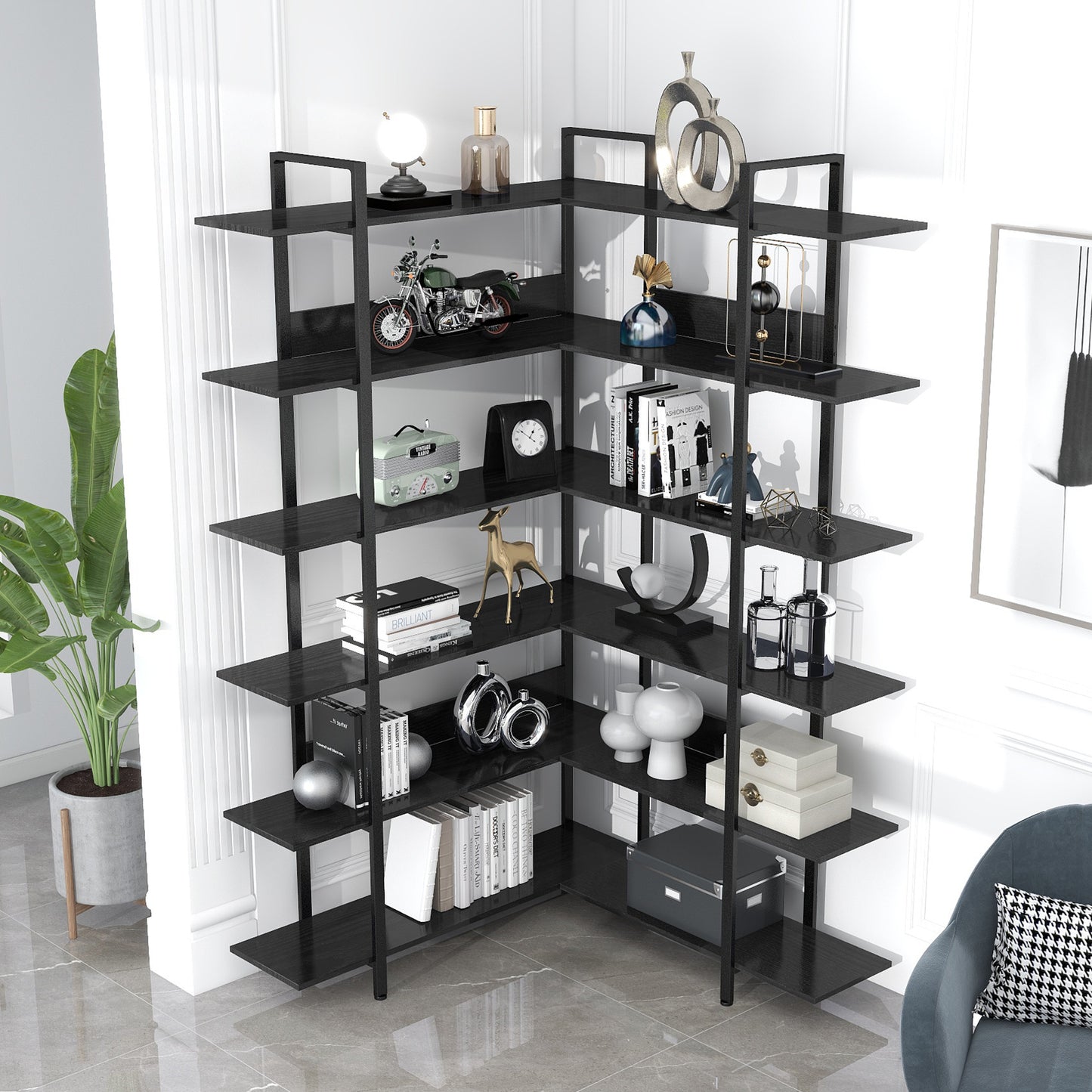 Stainless Steel Frame Corner 6-tier Shelves - Black