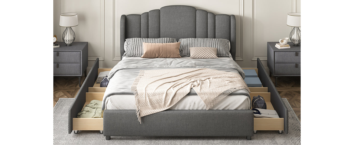 Mali Queen Size Platform Bed with Wingback Headboard - Gray
