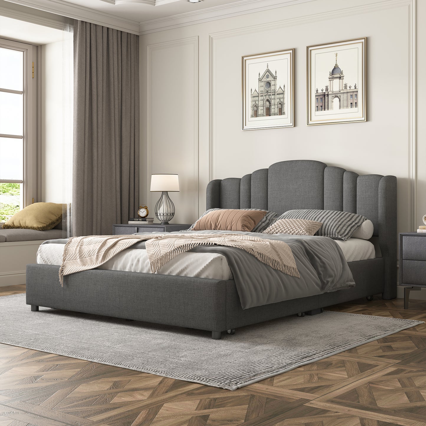 Mali Queen Size Platform Bed with Wingback Headboard - Gray