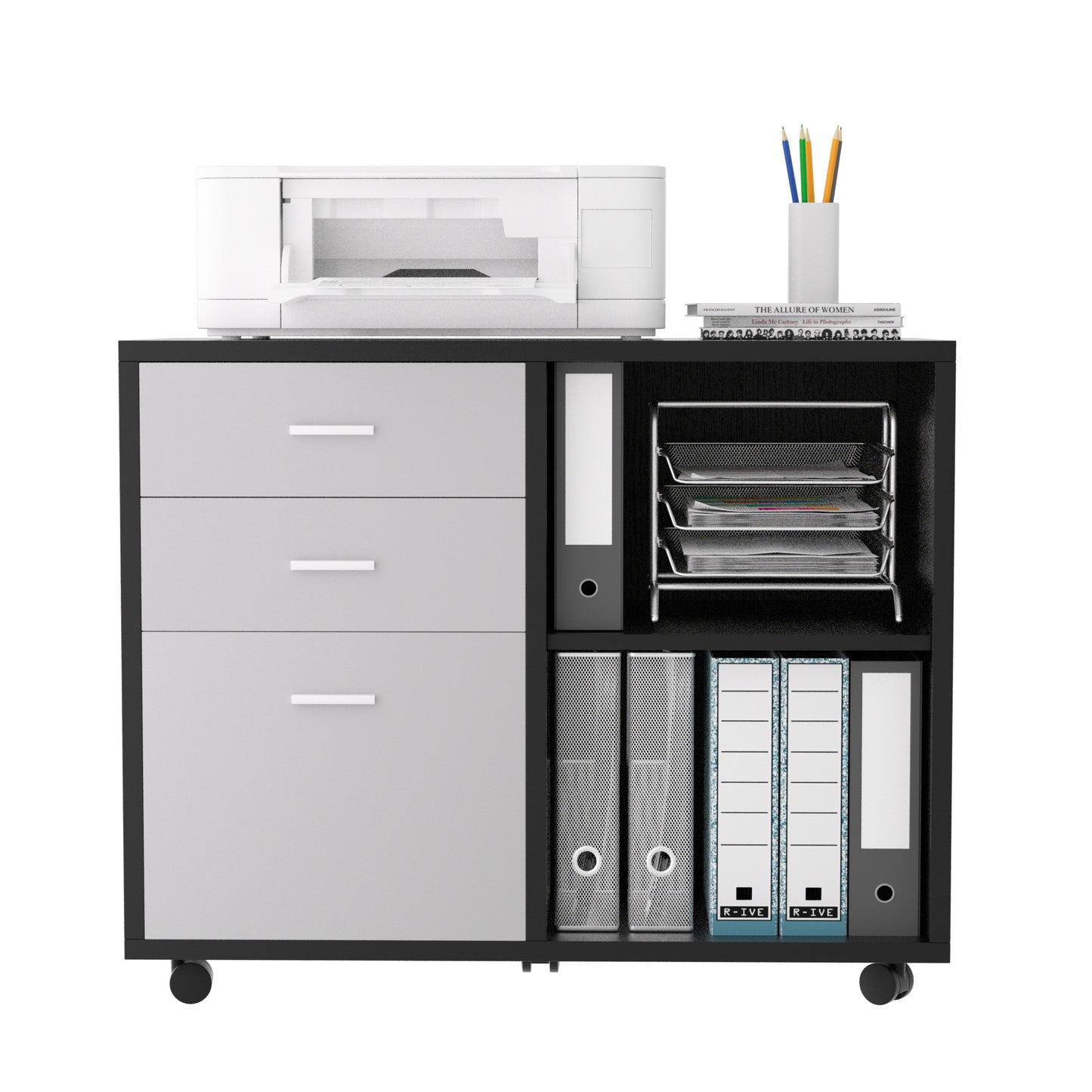 32'' Wide 3 -Drawer Mobile Filing Cabinet - Black oak and Grey