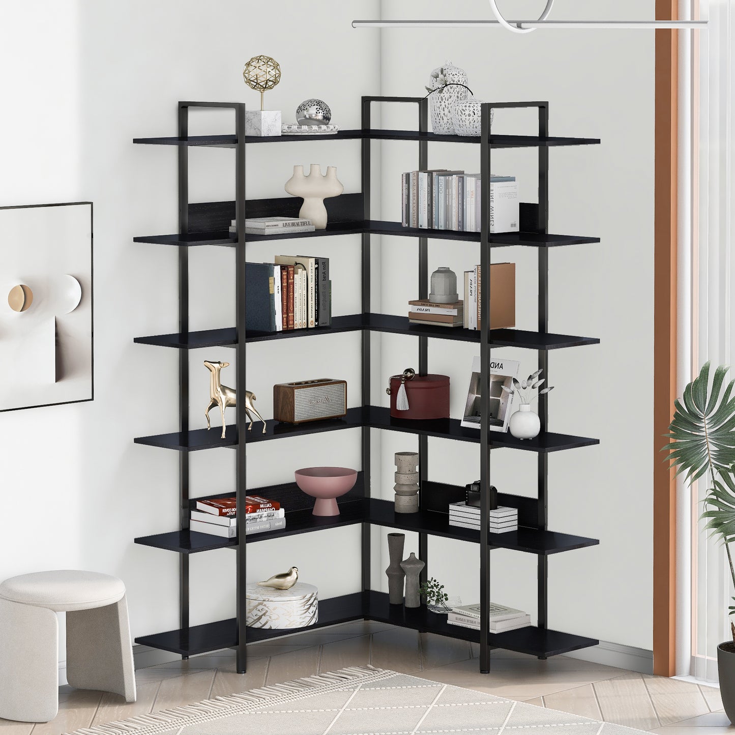 Stainless Steel Frame Corner 6-tier Shelves - Black