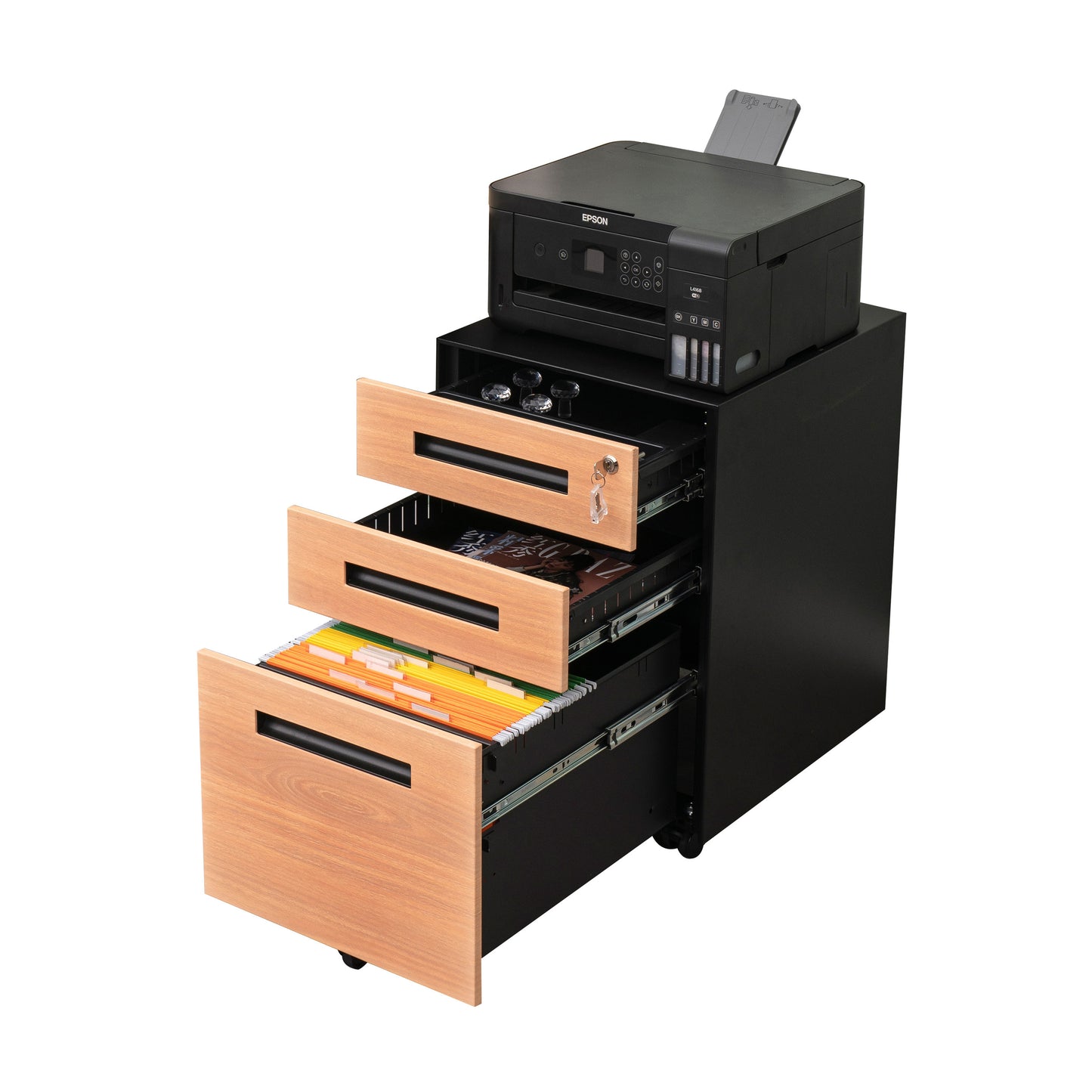 Compact 3 Drawer Mobile File Cabinet - Walnut + Black