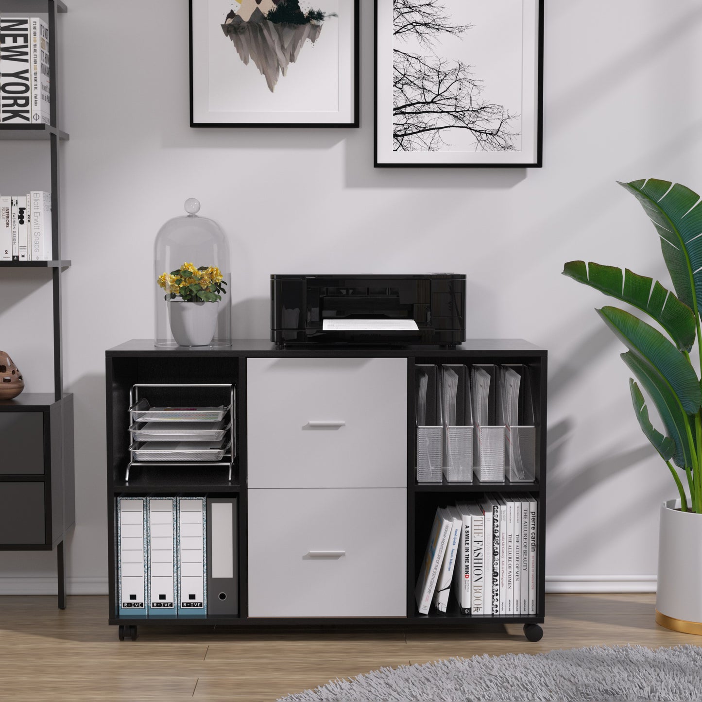 Mobile Wood File Cabinet 2-Drawer 4 open storage - Light Grey