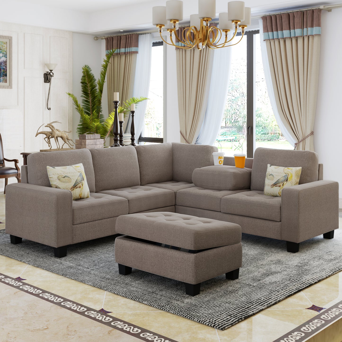 OrisLux Sectional Lounge: Ultimate Space-Saving Sofa with Ottoman & Cup Holders