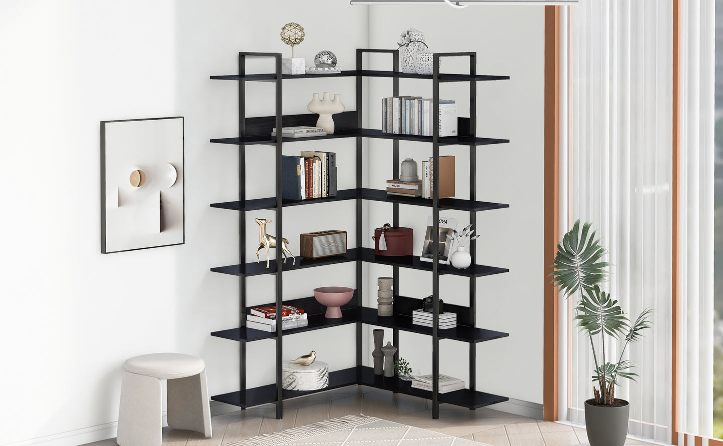 Stainless Steel Frame Corner 6-tier Shelves - Black