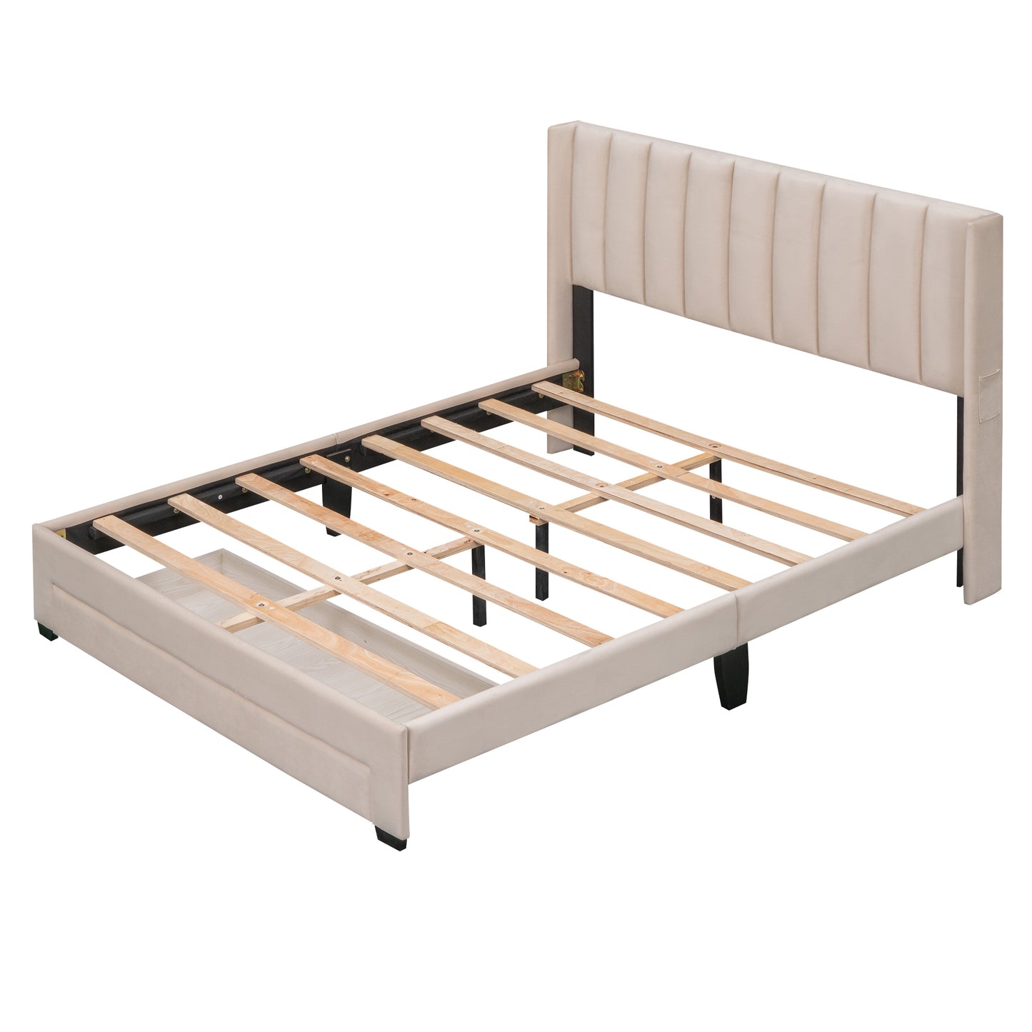 Shona Queen Size Velvet Platform Bed Frame - Beige