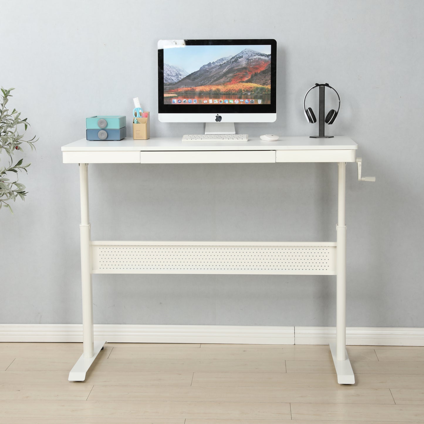 Standing Desk with Metal Drawer Adjustable Height (White Tabletop)