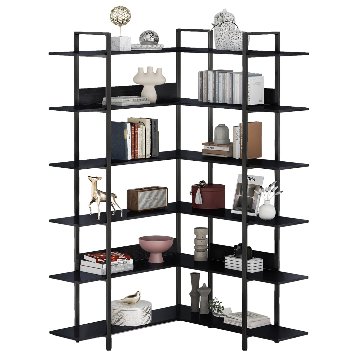 Stainless Steel Frame Corner 6-tier Shelves - Black