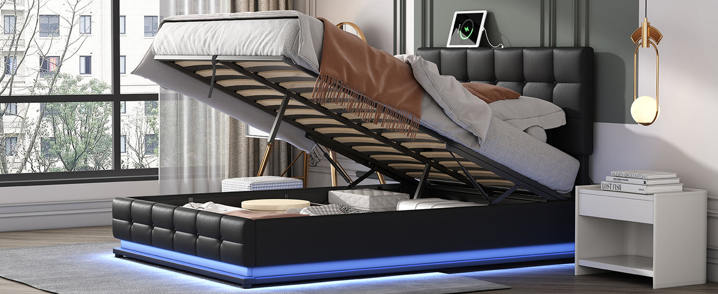 Luxury Dream Queen Bed with Smart Storage and LED Illumination - Black
