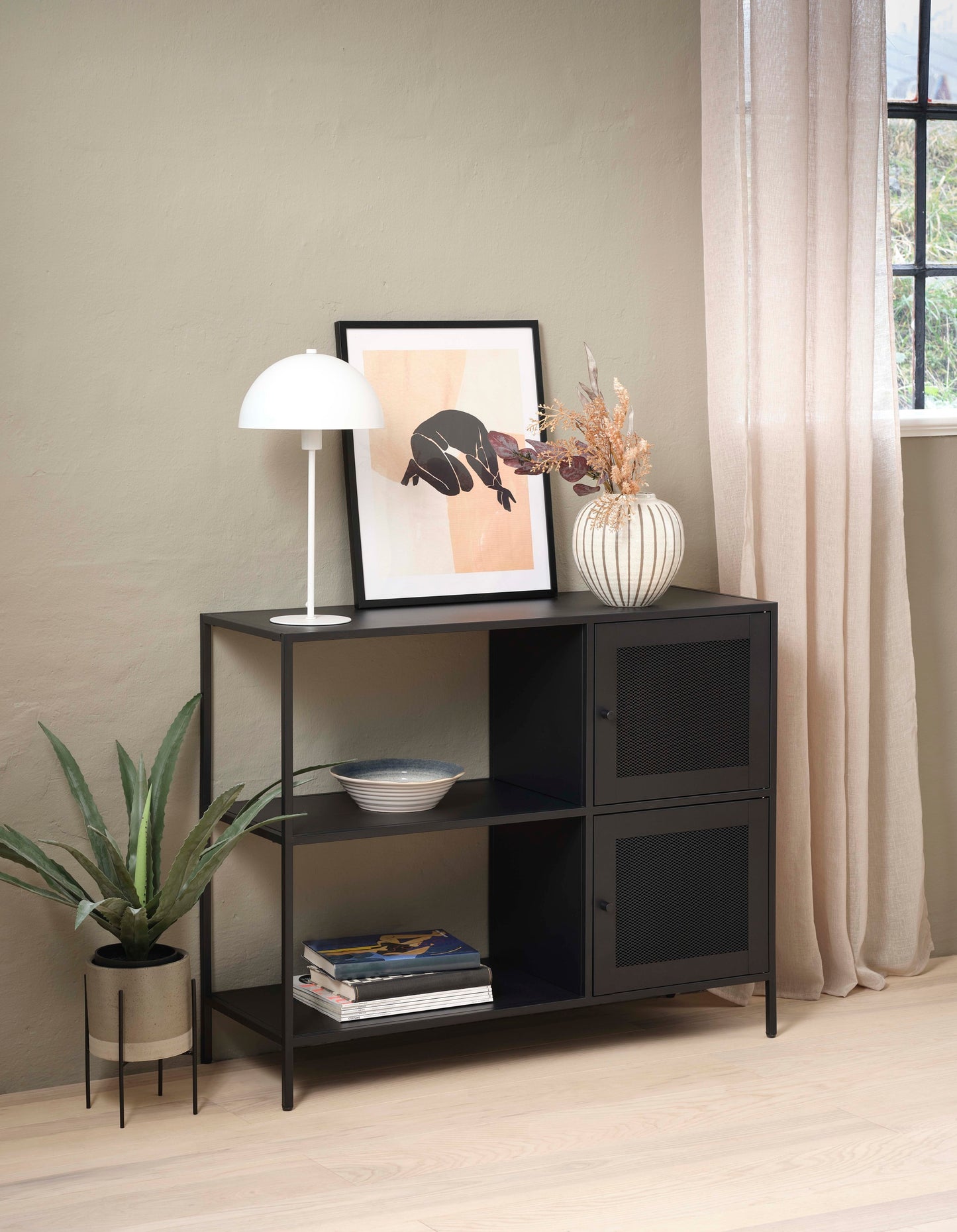 Cabinet with 2 Metal Mesh Doors and Versatile Storage Bookcase