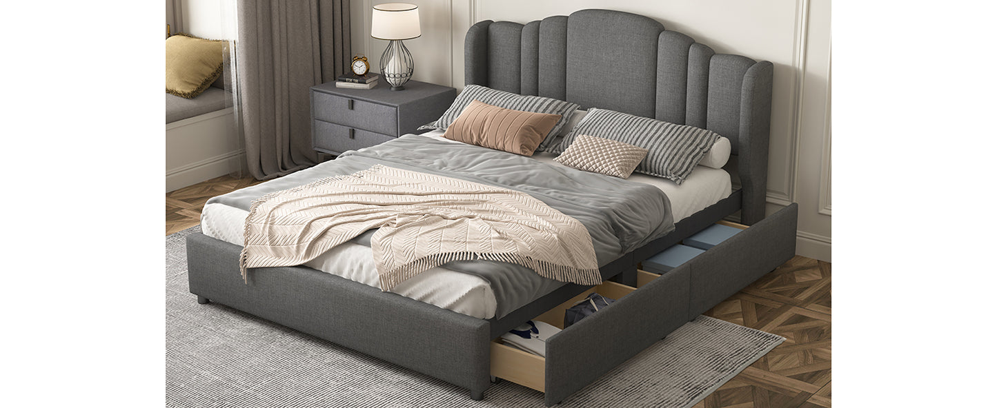 Mali Queen Size Platform Bed with Wingback Headboard - Gray
