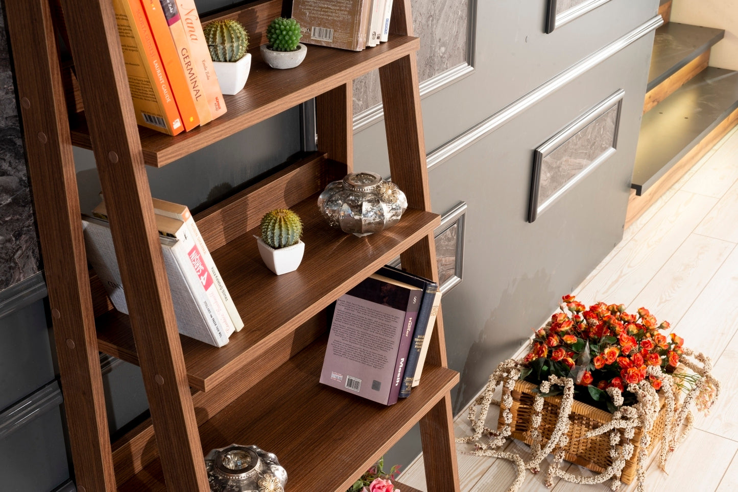 Otavio 5 Tier Modern Ladder Bookshelf - Walnut