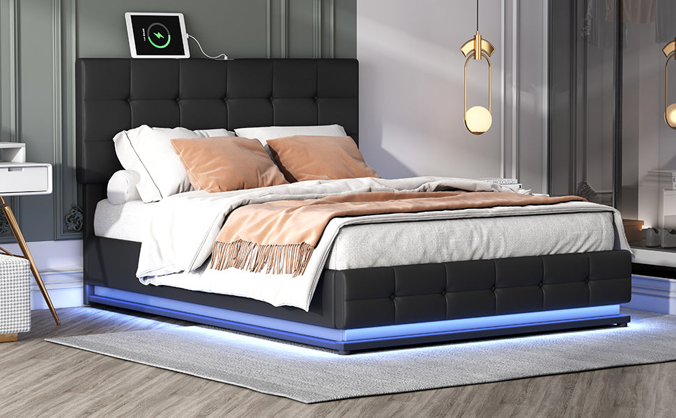 Luxury Dream Queen Bed with Smart Storage and LED Illumination - Black