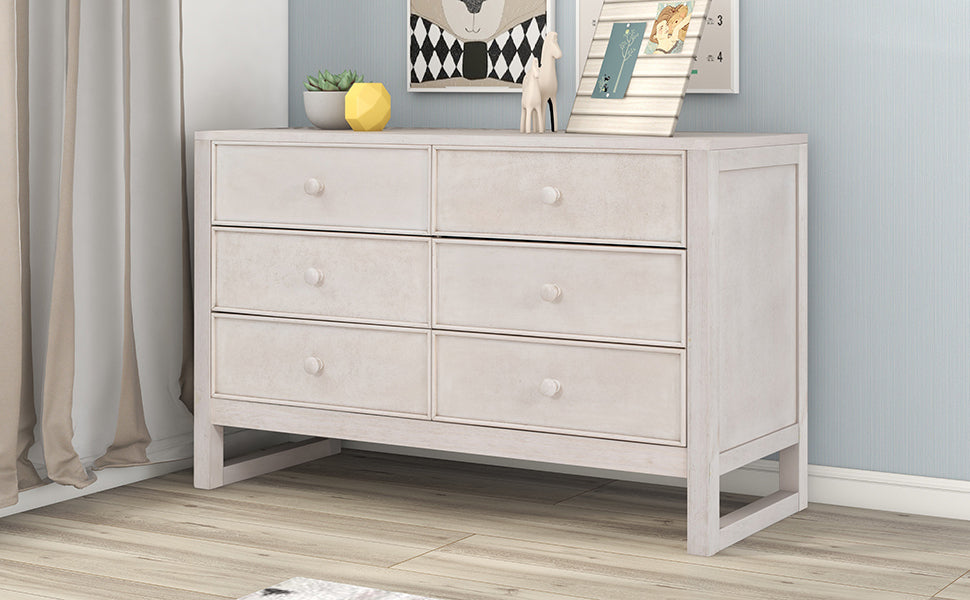 Elegant Vintage 6-Drawer Dresser: Antique White Wood Storage Cabinet