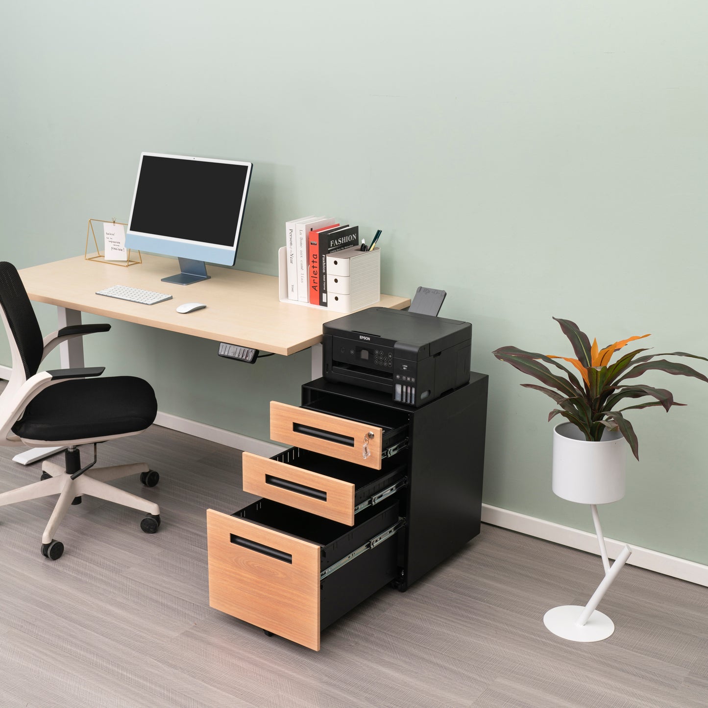 Compact 3 Drawer Mobile File Cabinet - Walnut + Black